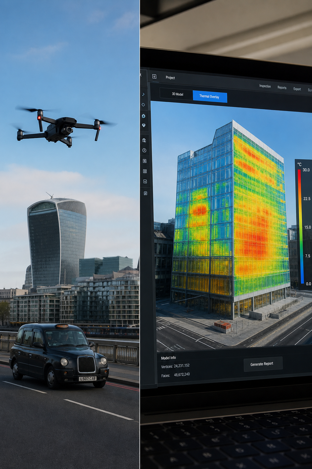 A photorealistic split view showing a drone in the sky on the left and a computer screen on the right with a 3D model of a commercial building with thermal heat map overlays. Alt: Drone inspection process from flight to 3D model report.
