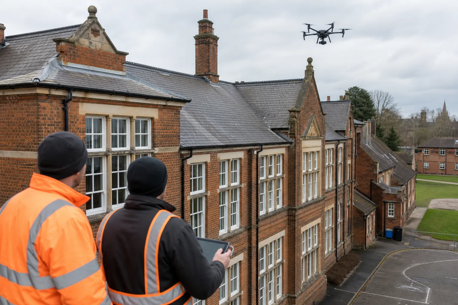 drone property inspection of a school roof and building façade