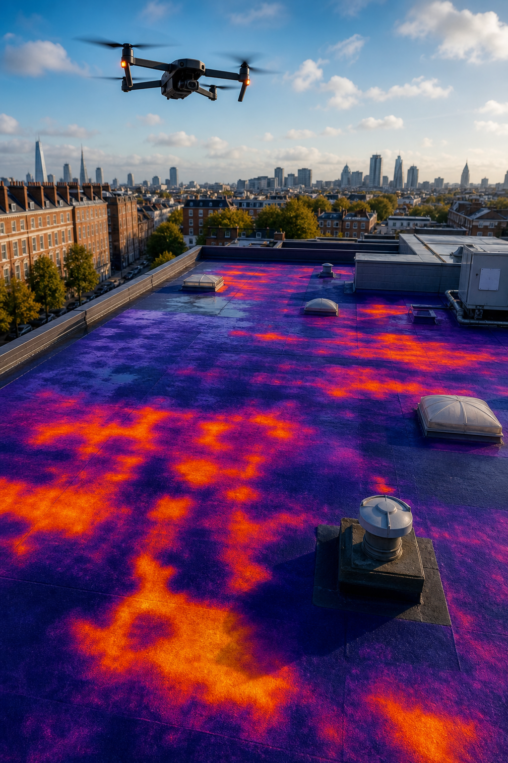A drone flying over a large flat commercial roof on a clear day, capturing thermal imaging data. The roof shows colour-coded heat signatures revealing areas of moisture ingress and defect zones. Realism style, warm orange accent lighting. Alt: drone thermal roof inspection commercial building UK Visual Perspectives Limited.