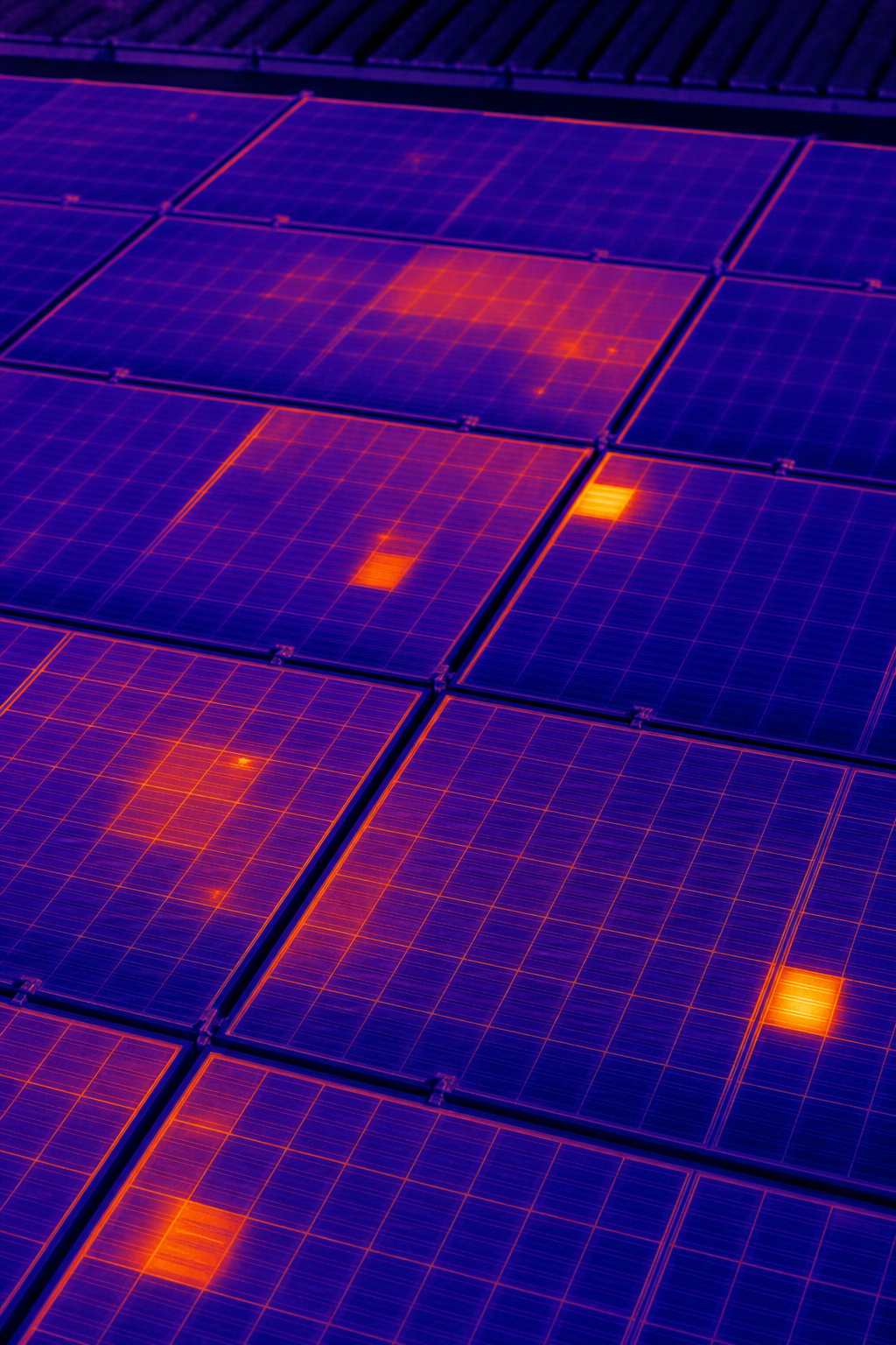 Close-up infrared thermal camera view of a commercial rooftop solar PV array showing hotspot defects highlighted in orange and red against cooler blue-toned panels. Photorealistic aerial inspection scene with no visible phone numbers or brand labels. Alt: solar PV thermography IEC 62446 inspection commercial roof hotspot detection UK.