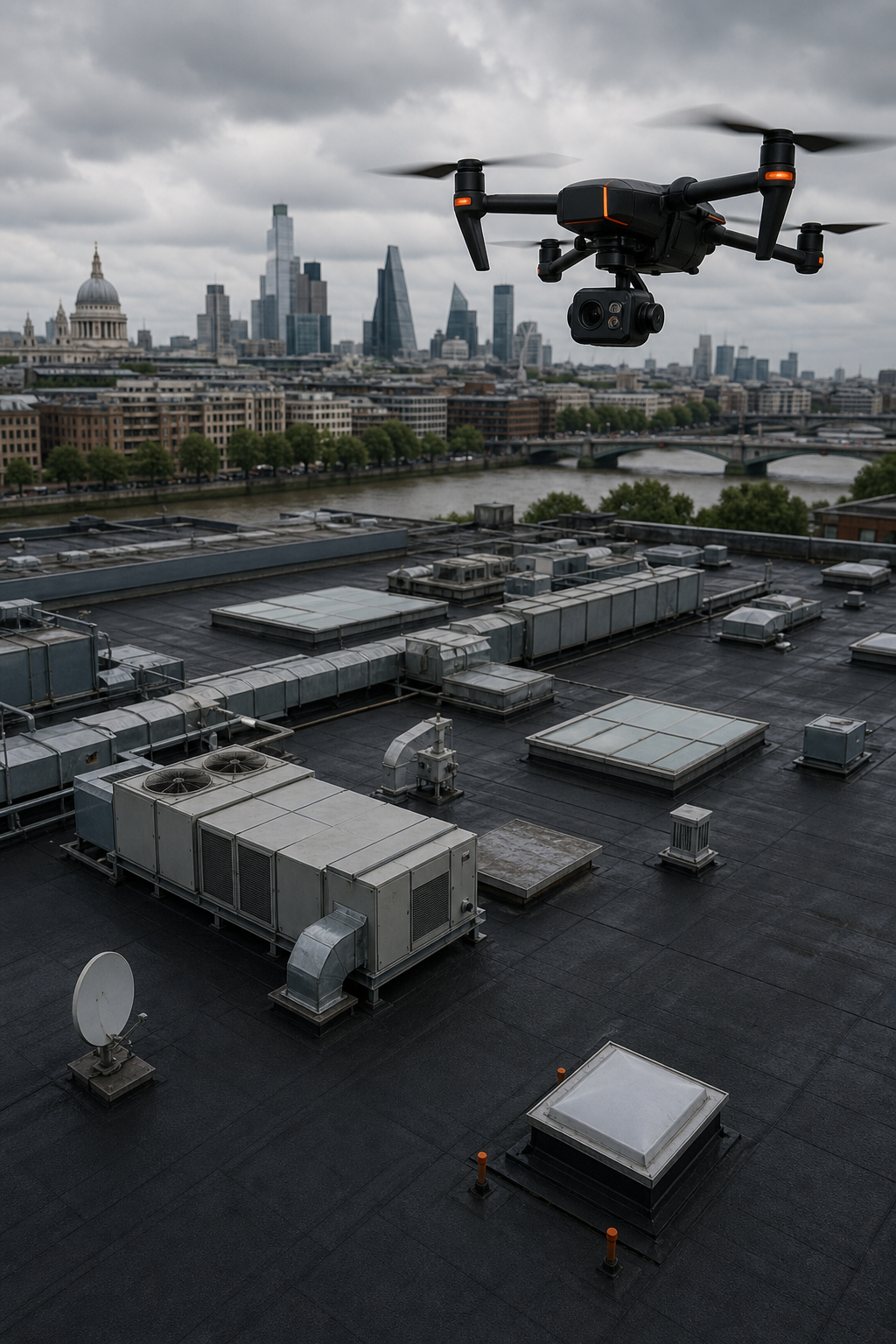 A professional drone hovering above a large commercial flat roof with visible HVAC units and skylights, capturing thermal and visual data. Alt: Commercial drone roof inspection with thermal imaging.
