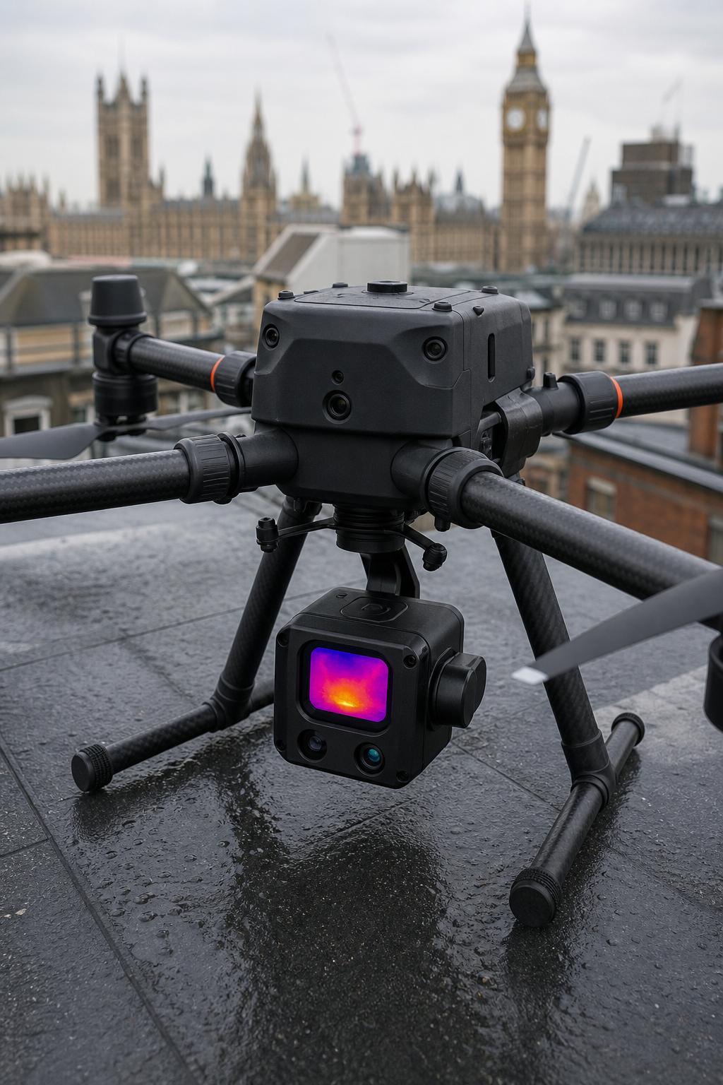 A close-up of a professional drone with a thermal camera payload, ready for a commercial roof survey. Alt: Professional drone for commercial roof inspection.