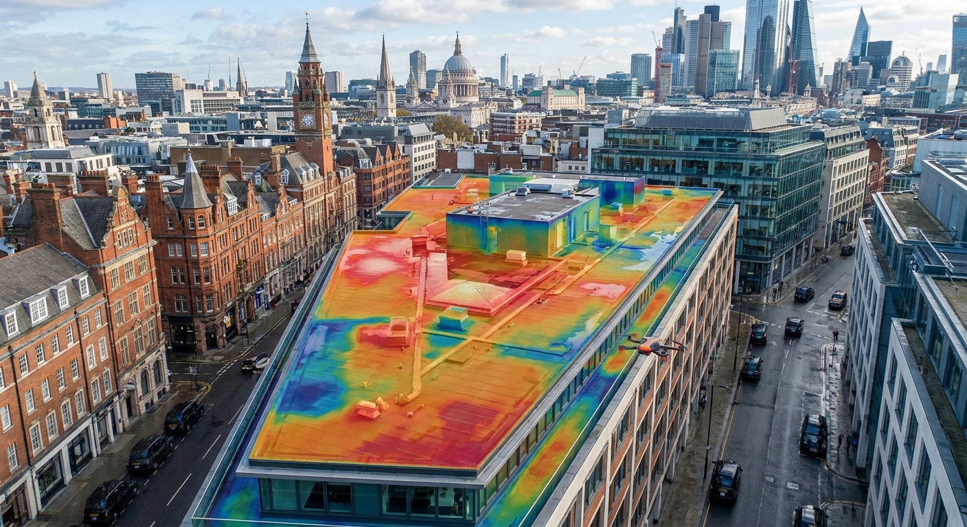 A high‑resolution aerial view of a commercial flat roof with thermal overlay, showing detailed 3D mapping, realistic lighting, and a UK city skyline in the background. Alt: drone roof inspection UK commercial building