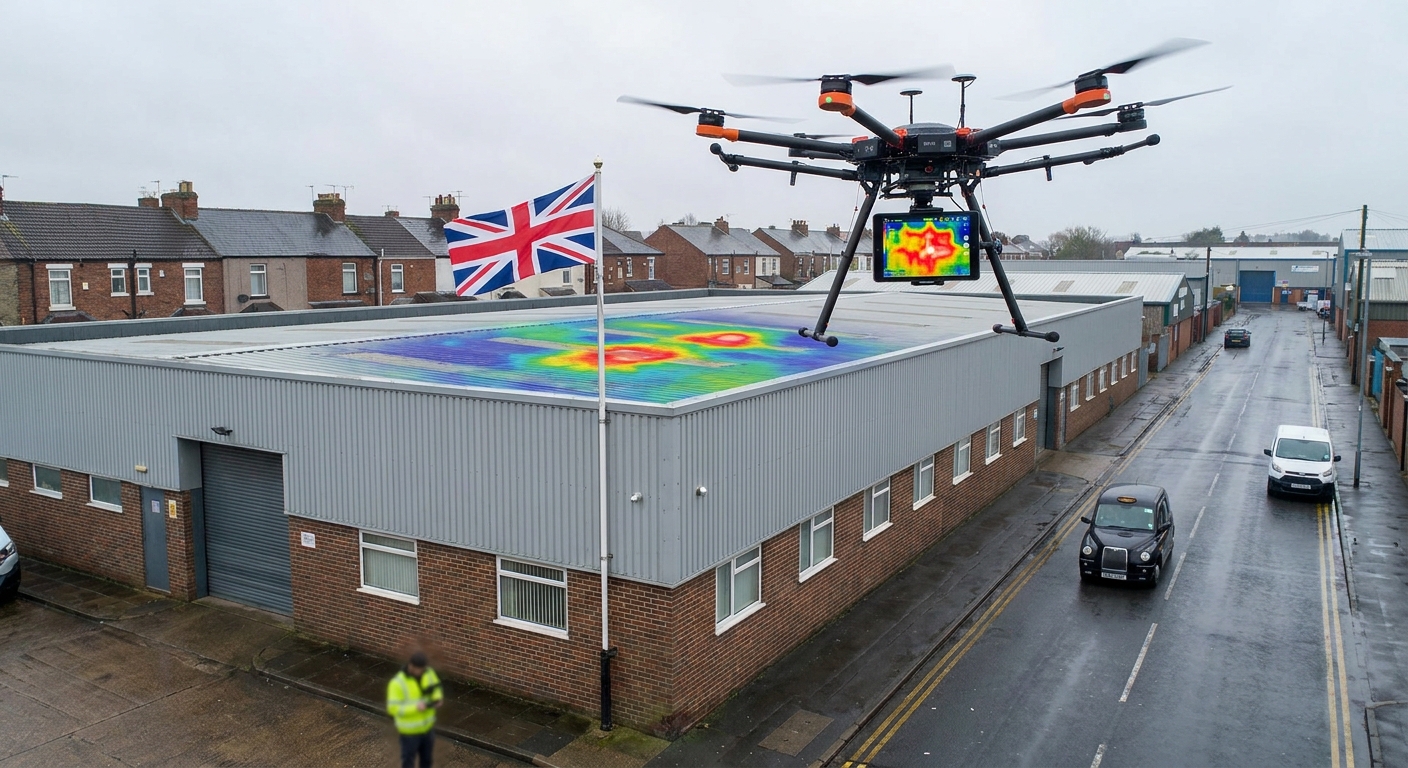 A drone hovering over a large commercial warehouse roof, its camera showing a vivid thermal image of heat loss hotspots, with a clear UK flag on the building. Alt: drone thermal imaging commercial roof UK