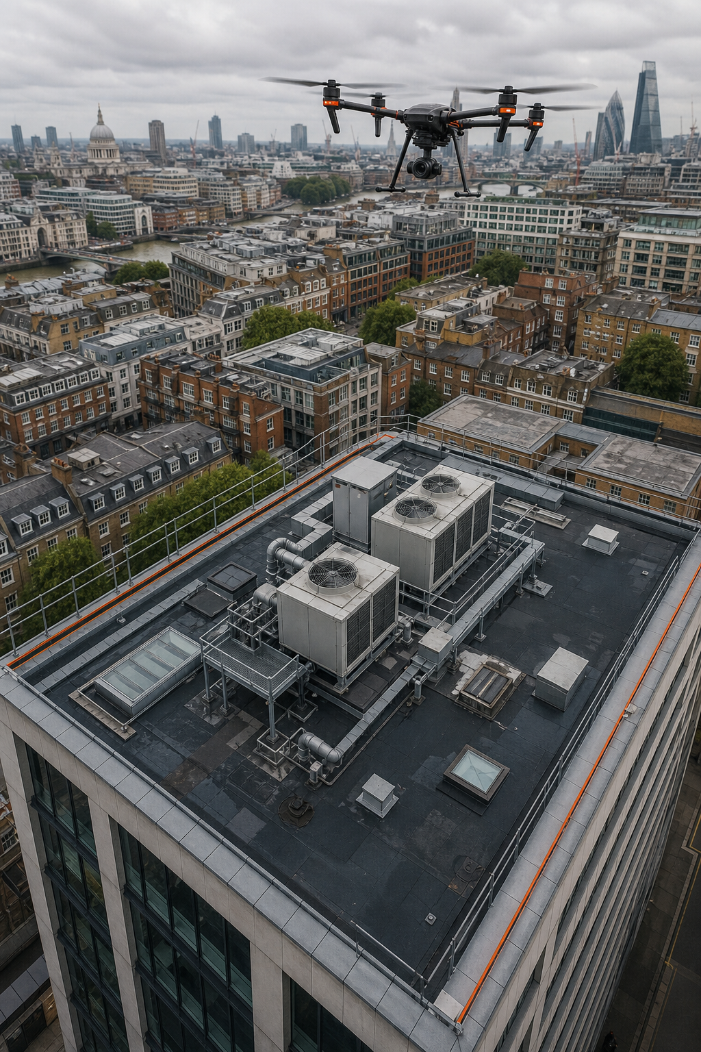 A photorealistic drone flying above a large commercial flat roof with HVAC units, capturing high-resolution imagery. The building is a modern office block in a city. Alt: Commercial drone roof inspection of a flat roof building in the UK.