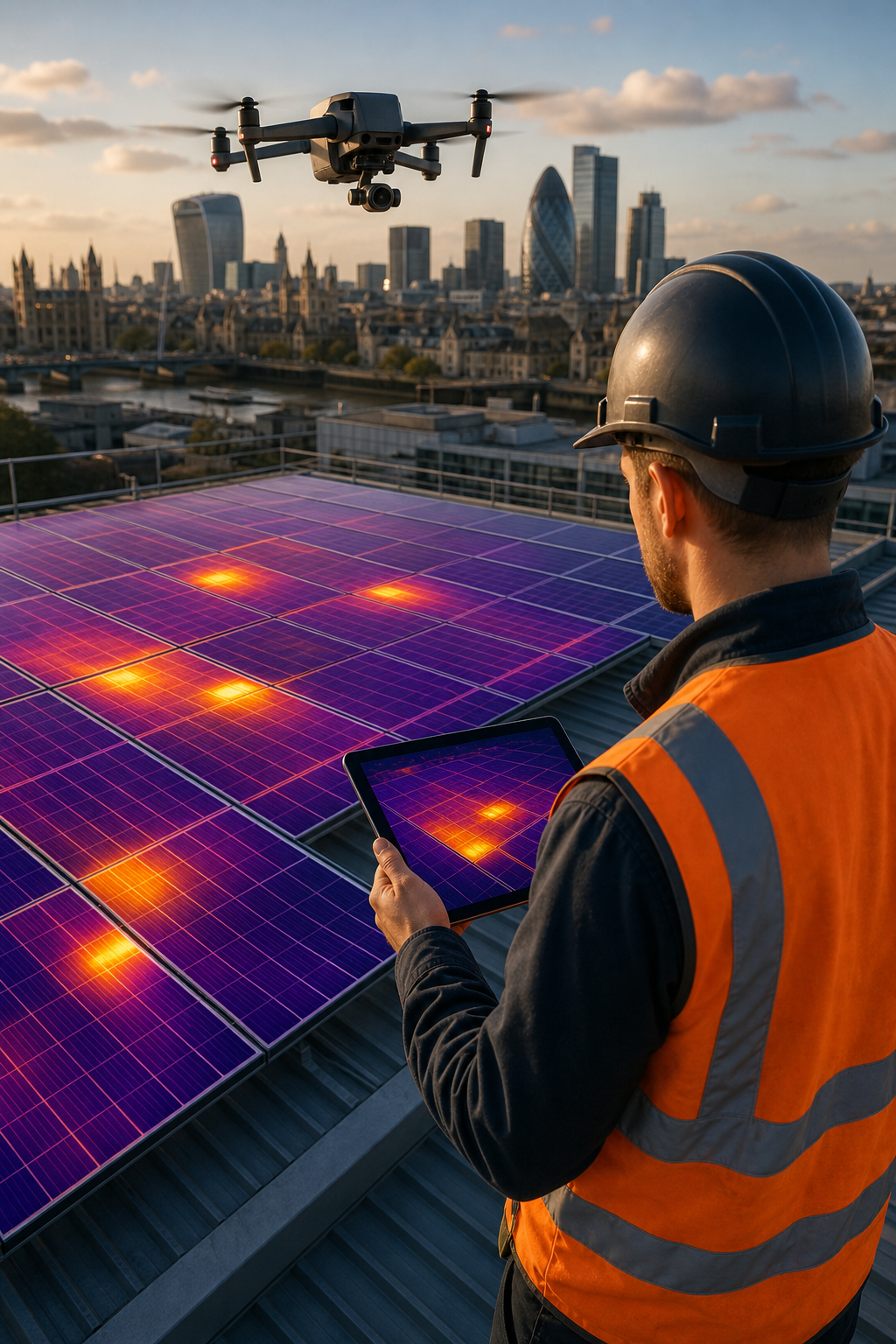 A thermographic drone image overlay on a commercial roof showing hot spots on solar panels, with a technician reviewing data on a tablet. Alt: Thermal imaging drone inspection of commercial solar PV array showing defect hotspots.
