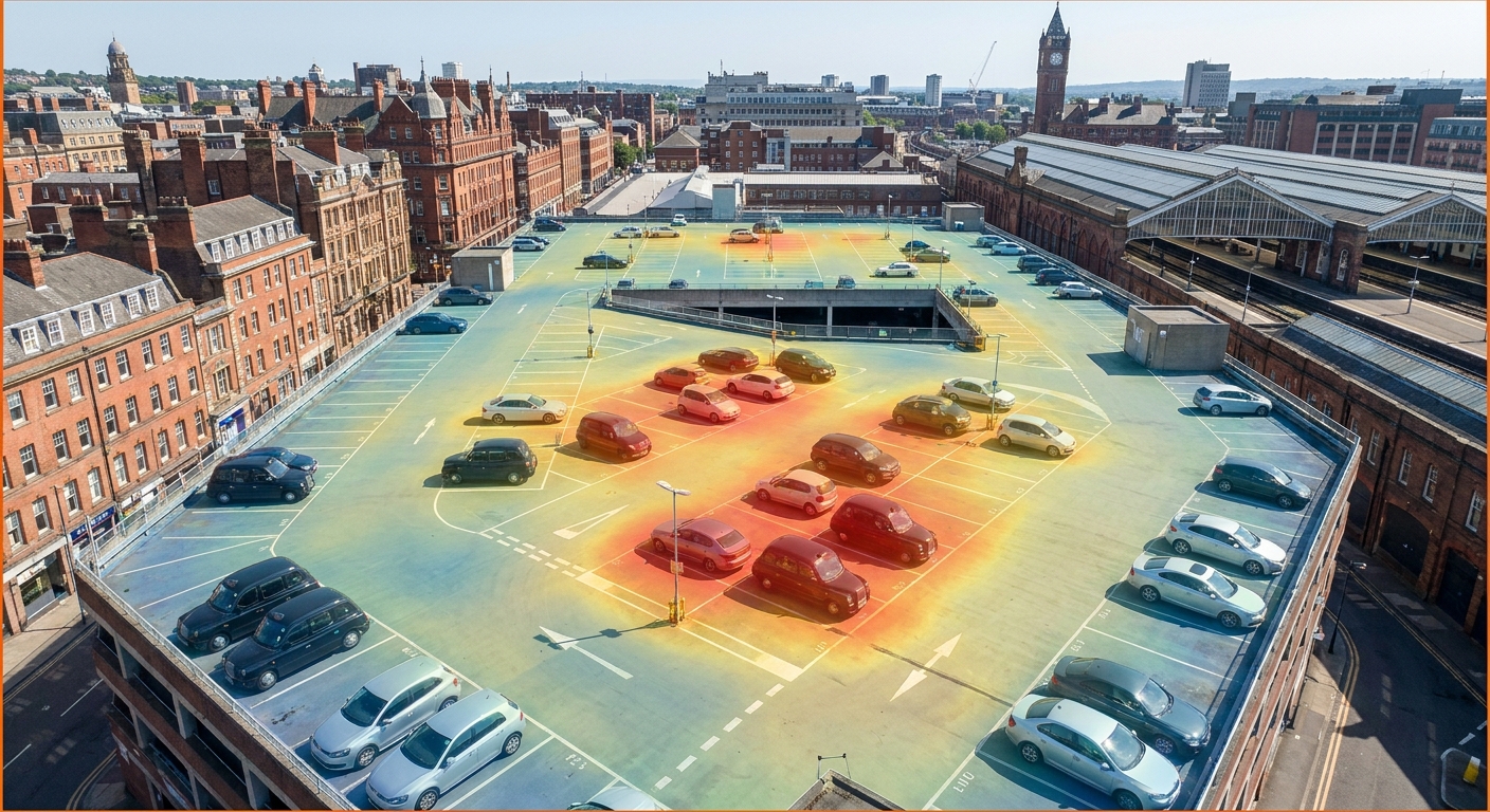 A realistic aerial view of a commercial car‑park roof captured by a drone, showing high‑resolution orthomosaic overlay with thermal heat‑map highlights, sunny day, UK setting