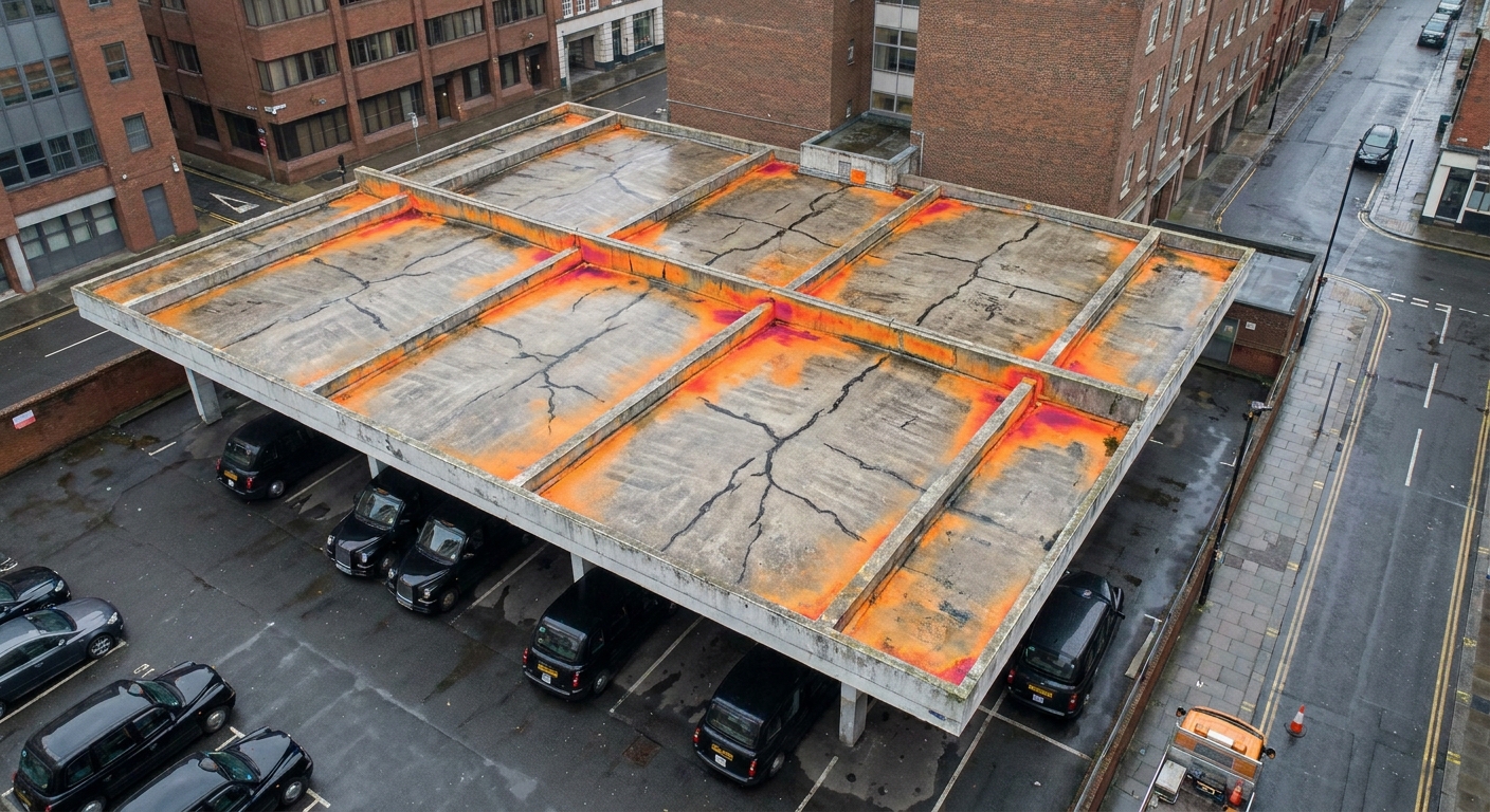 A realistic drone‑captured image of a commercial car‑park canopy showing detailed façade cracks and thermal hotspots, overcast UK weather, high‑detail