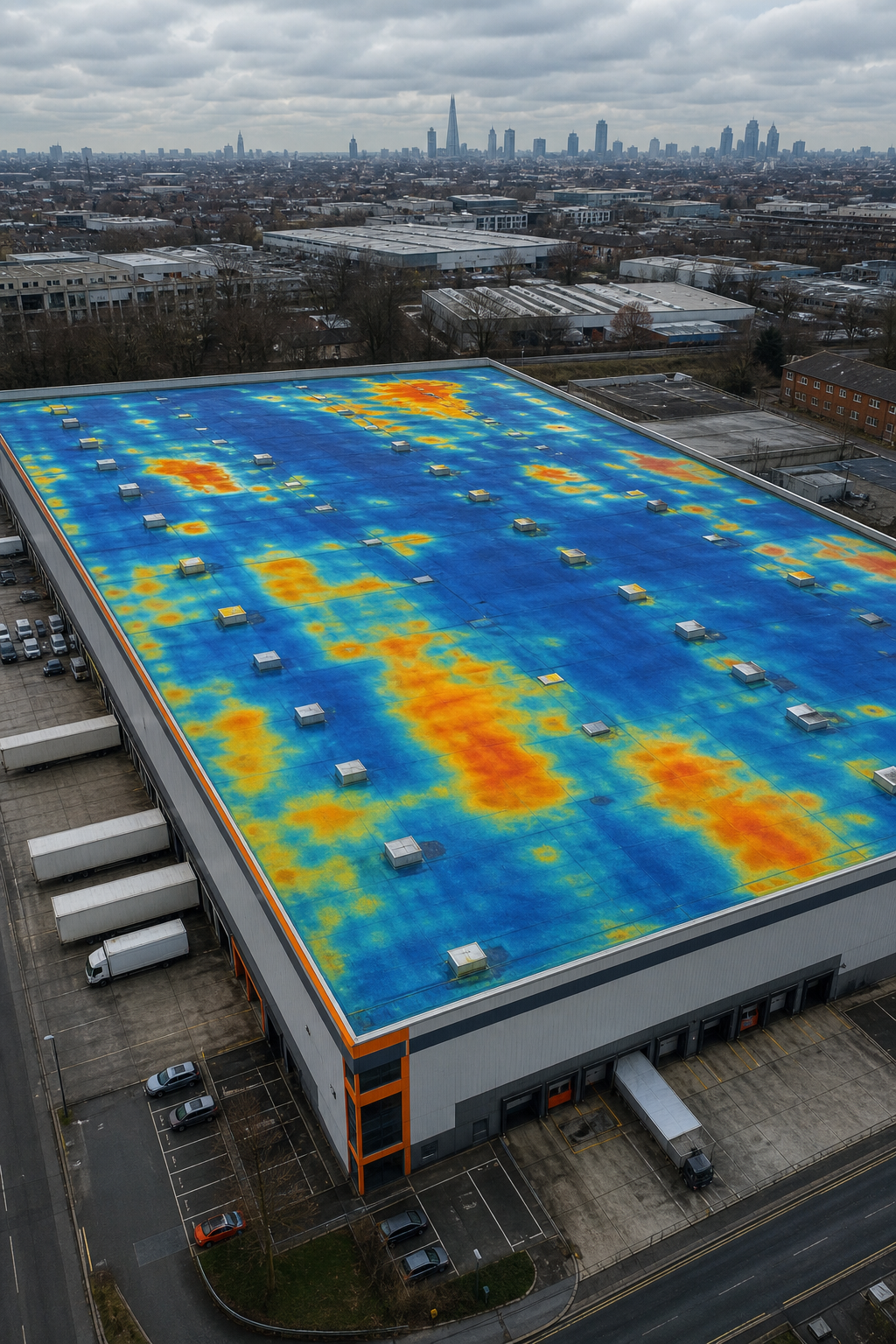 A photorealistic aerial view of a large flat‑roof logistics hub with thermal overlay highlighting wet spots, captured by a drone, Realism style