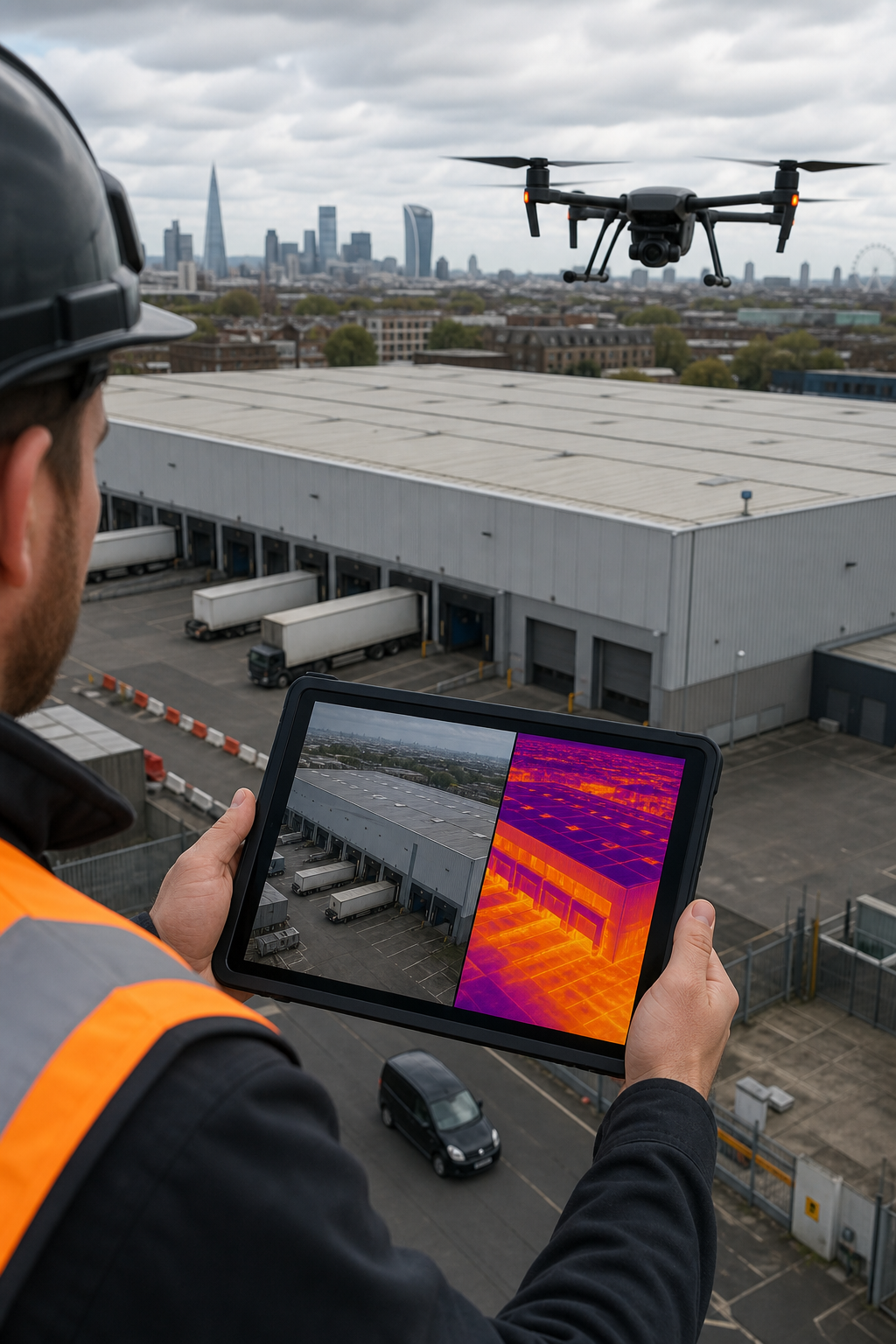 Realistic drone flying over a large logistics warehouse, showing side‑by‑side visual and thermal feeds on a tablet, Realism style