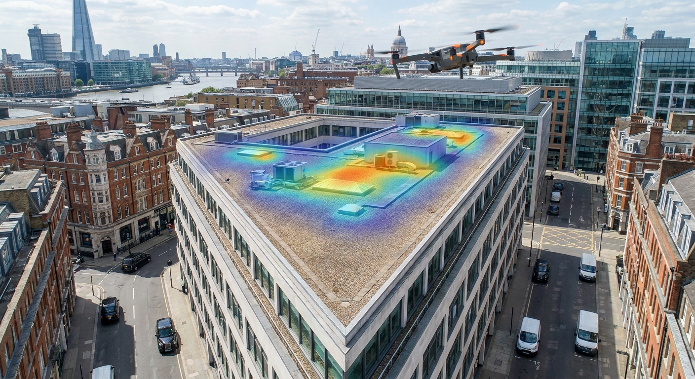 A photorealistic aerial view of a large commercial office block roof, showing a drone in flight and overlayed thermal heat‑map graphics, Realism style, alt: drone roof inspection commercial office block