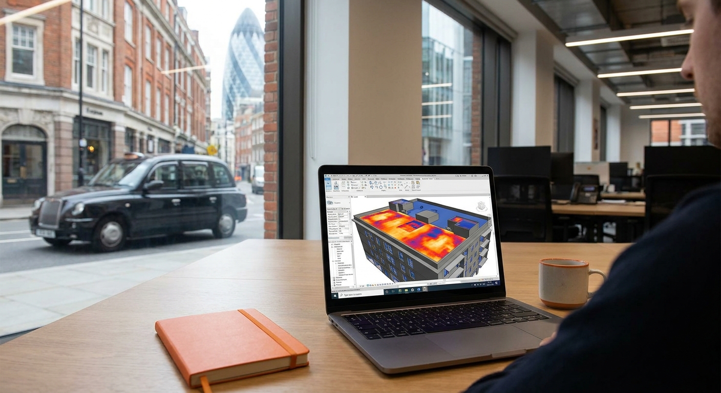 A realistic rendering of a BIM model of a commercial roof with over‑laid thermal hotspots, showing a laptop screen in an office, Realism style, alt: BIM drone roof inspection