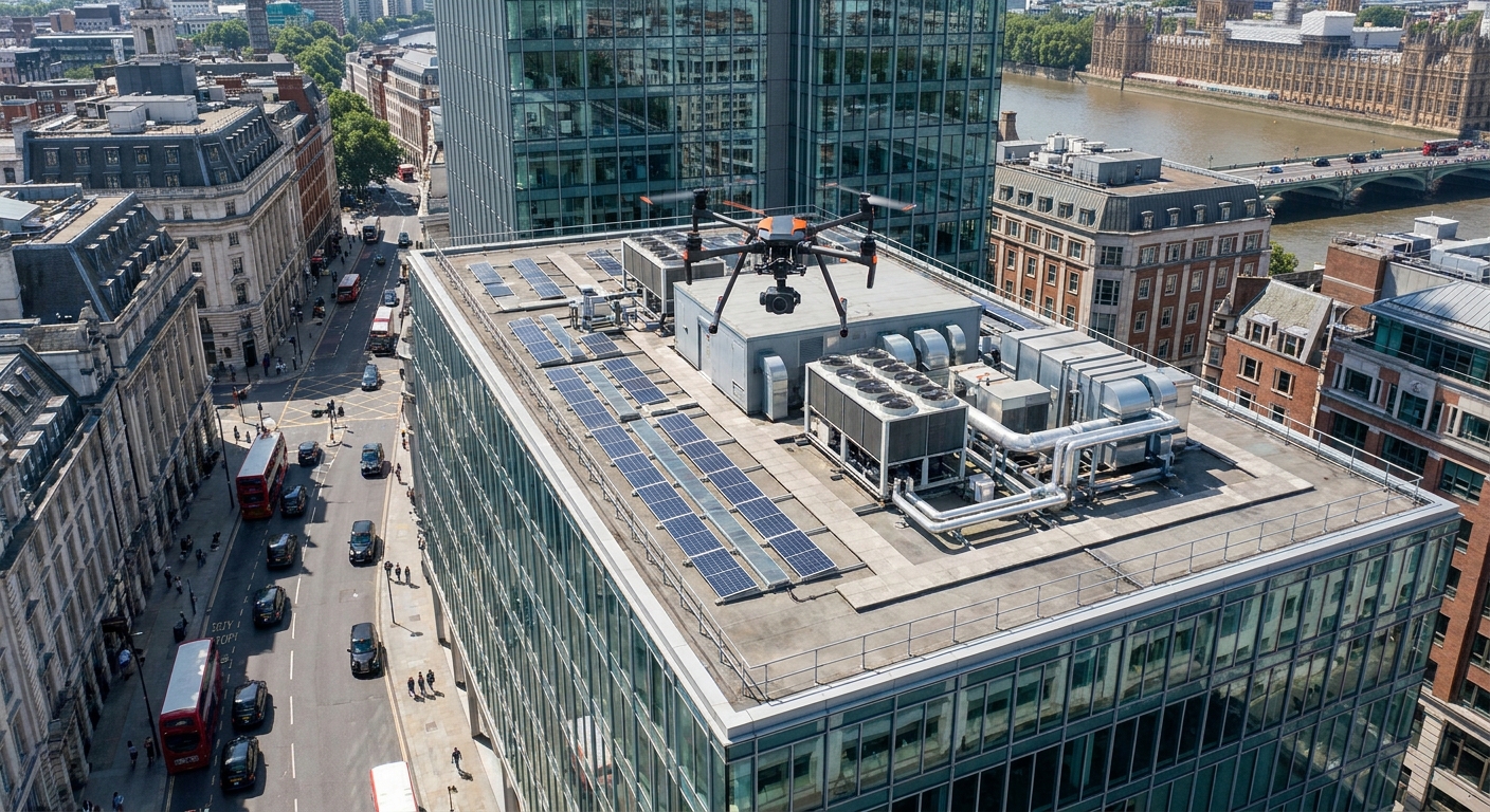 A photorealistic aerial view of an inspection drone hovering above the flat roof of a glass commercial office tower, capturing the rooftop plant and solar panels in clear daylight. Alt: Drone roof inspection for a UK commercial office tower with rooftop solar PV.