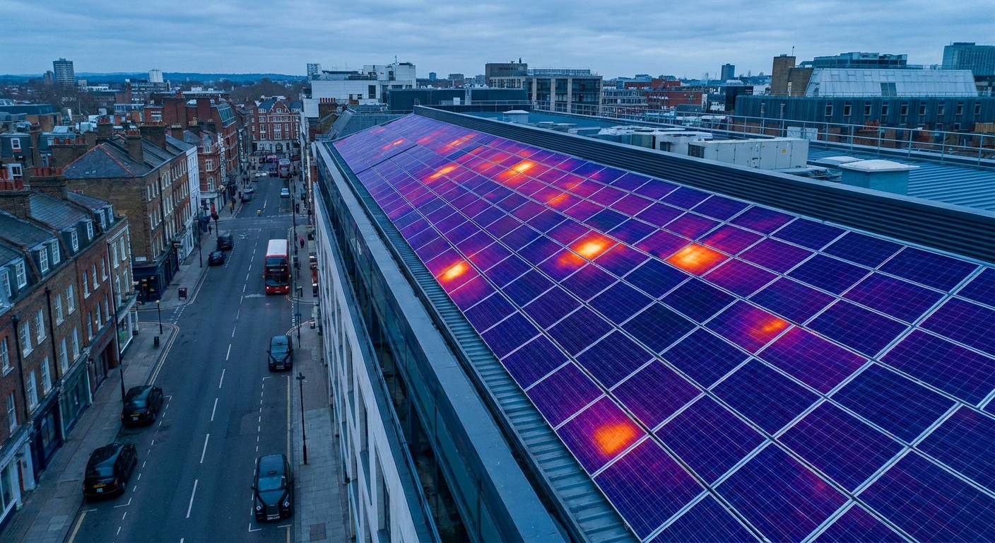 A photorealistic thermal infrared image overlaid on a large rooftop solar PV array on a commercial building, showing several panels glowing with hot spots against cooler working panels. Alt: Solar PV thermography drone inspection showing hot spots on a commercial rooftop array.