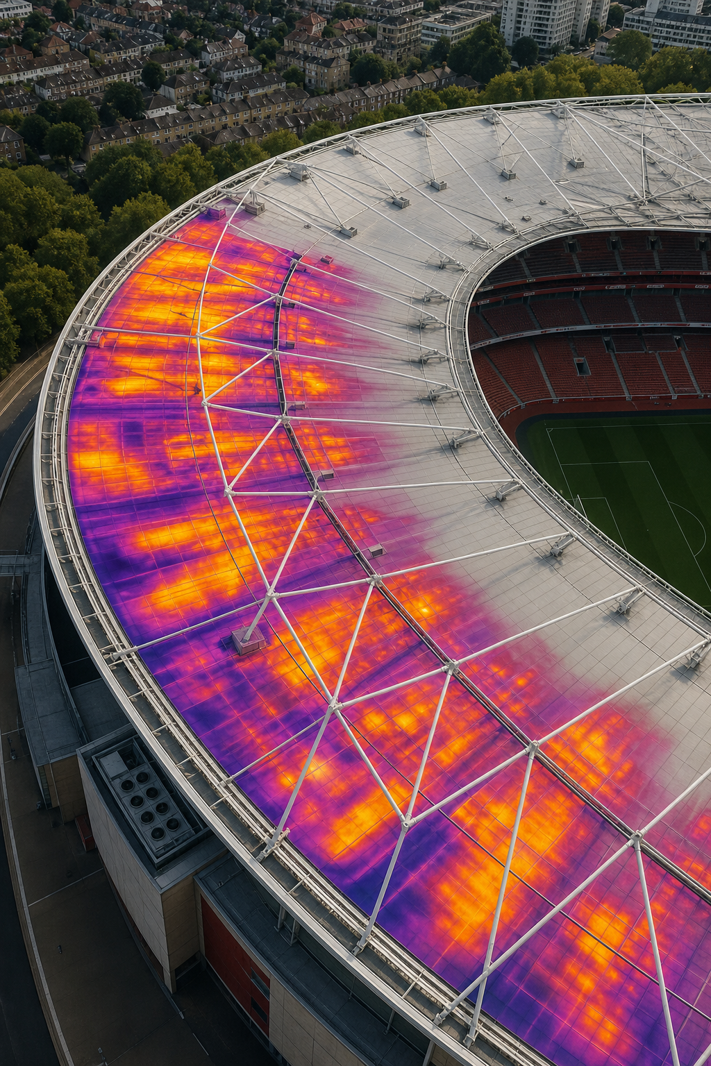 A realistic aerial view of a large UK sports stadium roof captured by a drone, showing high‑resolution RGB stitching and thermal overlay highlighting hot spots on the membrane, in Realism style. Alt: drone roof inspection stadium thermal map