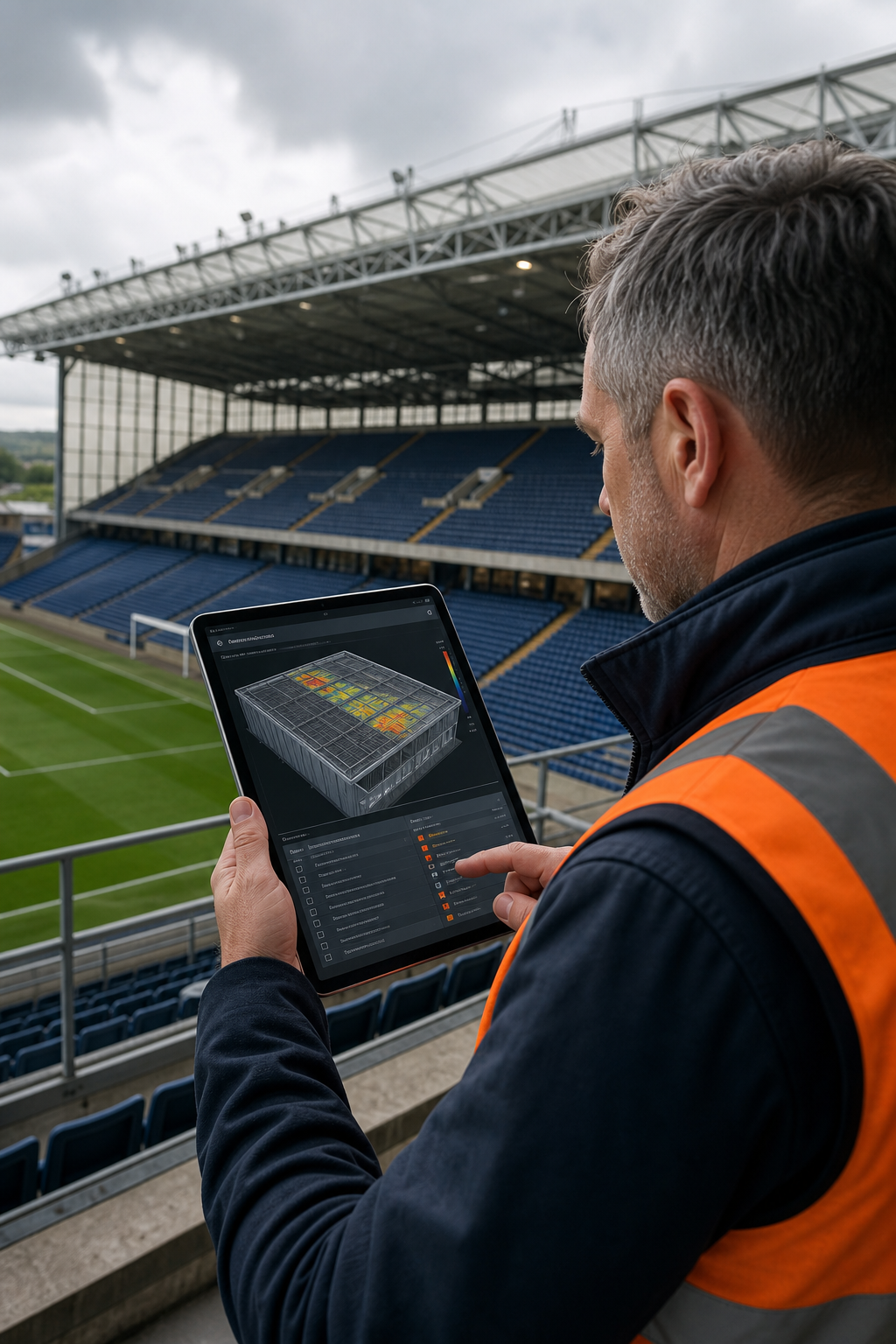 A realistic scene of a stadium facilities manager reviewing a 3‑D roof model on a tablet, with thermal hotspots highlighted and a checklist of remedial actions, in Realism style. Alt: stadium roof inspection data review