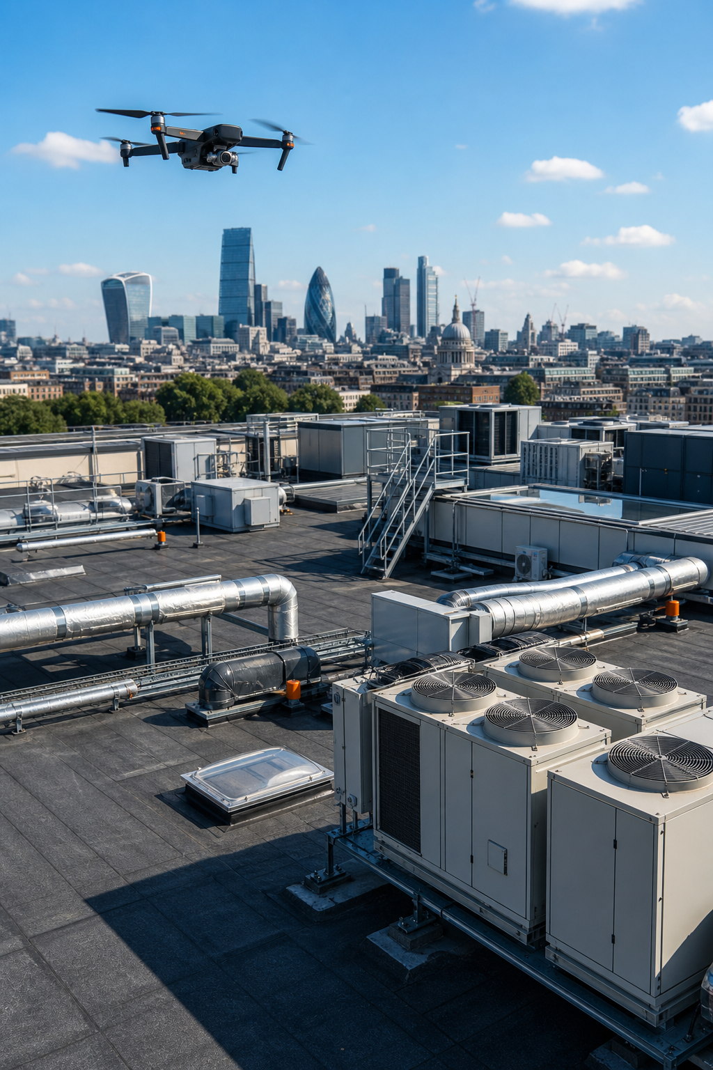 A photorealistic drone flying over a commercial flat roof with HVAC units, capturing high-resolution imagery under clear blue sky. Alt: Drone roof inspection for commercial building insurance documentation