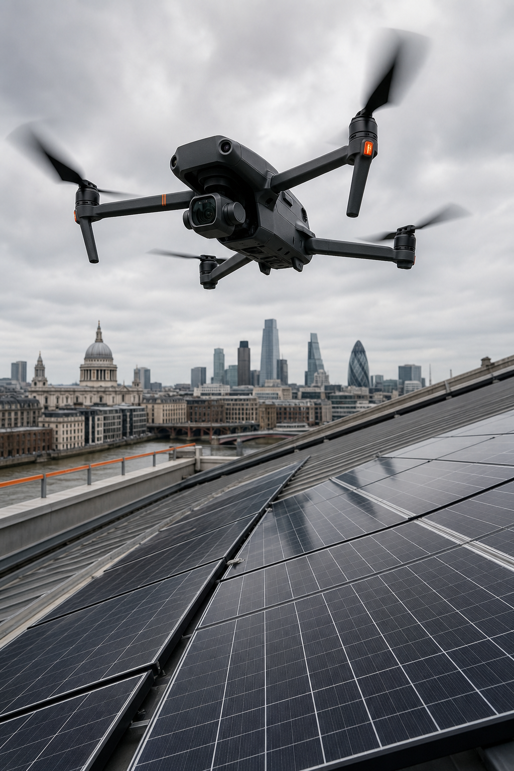 A drone hovering over a sloped commercial roof with solar panels, captured from a low angle showing the camera payload. Alt: Drone roof inspection for insurance claim on commercial building with solar array