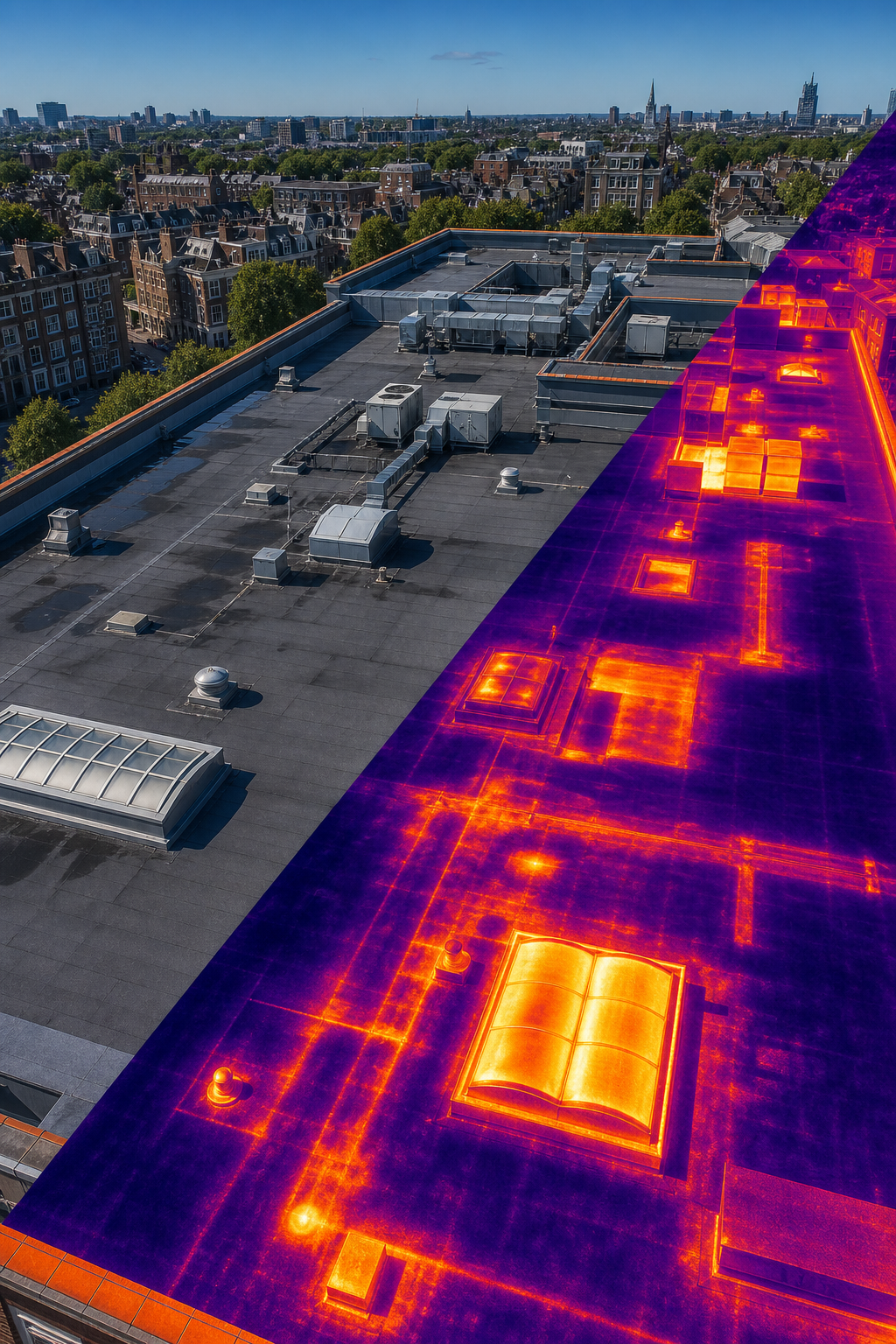 A realistic aerial view of a commercial flat roof captured by a drone, showing high‑resolution colour imagery and thermal overlay, with a clear sky background. Alt: drone roof inspection UK commercial flat roof thermal imaging