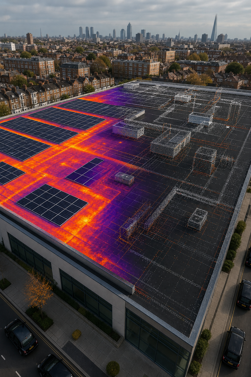 A realistic drone view of a large commercial flat roof with solar panels, showing thermal heat‑loss overlay and 3D point‑cloud data visualisation. Alt: flat‑roof drone inspection UK thermal imaging