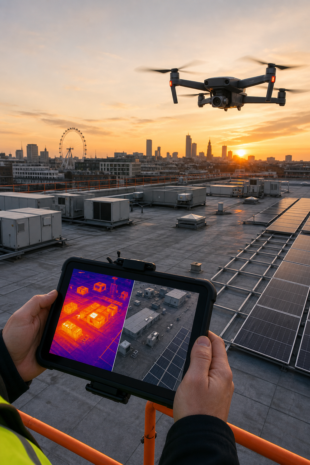 A drone flying over a large commercial flat roof during sunset, with a thermal camera feed visible on a ground station tablet. The roof has HVAC units and a solar array partially installed. Alt: Drone capturing thermal and visual data for a commercial roof inspection report.