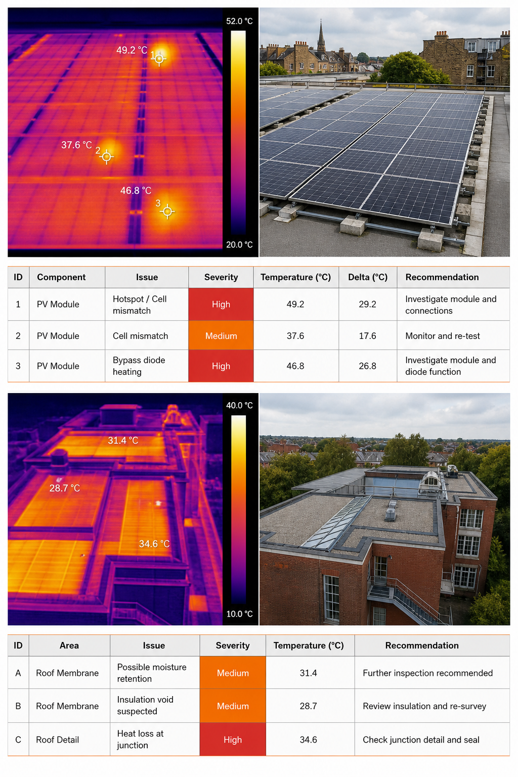 A sample IEC 62446 report page showing a thermal image alongside a visual photo of a solar array, with temperature readings and defect annotations in a table below. Alt: Example of a drone roof inspection report page with thermal and visual images for compliance.