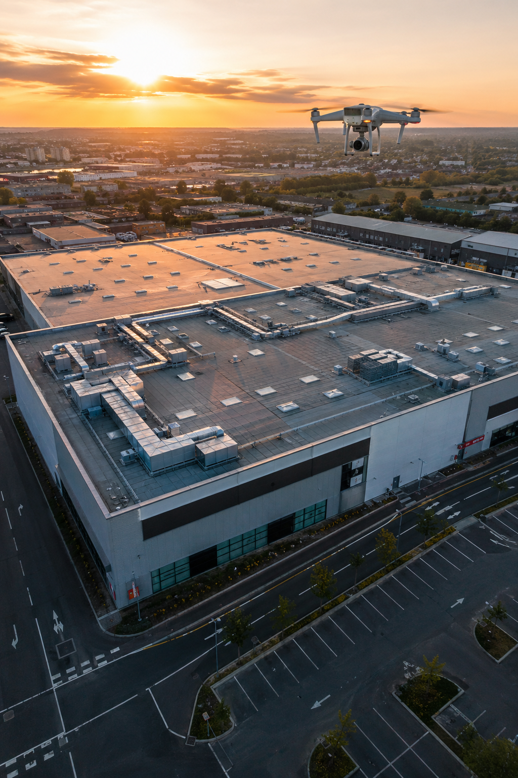 A photorealistic drone flying over a large commercial building with a flat roof, capturing high-resolution images at sunset. Alt: Drone roof survey of commercial building