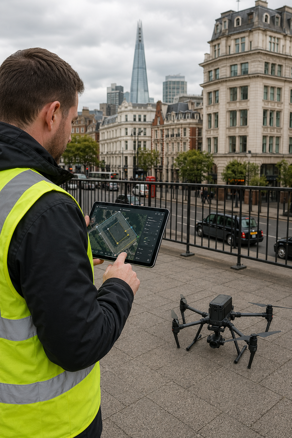 A drone operator using a tablet to plan a flight path over a commercial property, with a drone on the ground nearby. Alt: Drone roof survey flight planning