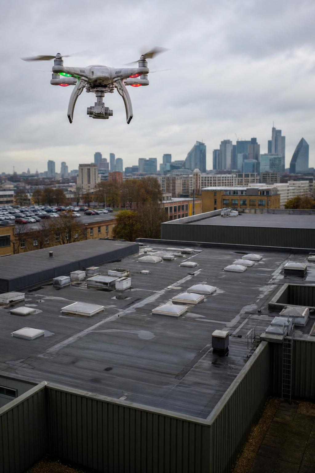 A photorealistic drone hovering over a large flat commercial roof, capturing high-resolution images with a thermal camera. Alt: Drone roof inspection of a commercial building with thermal imaging.
