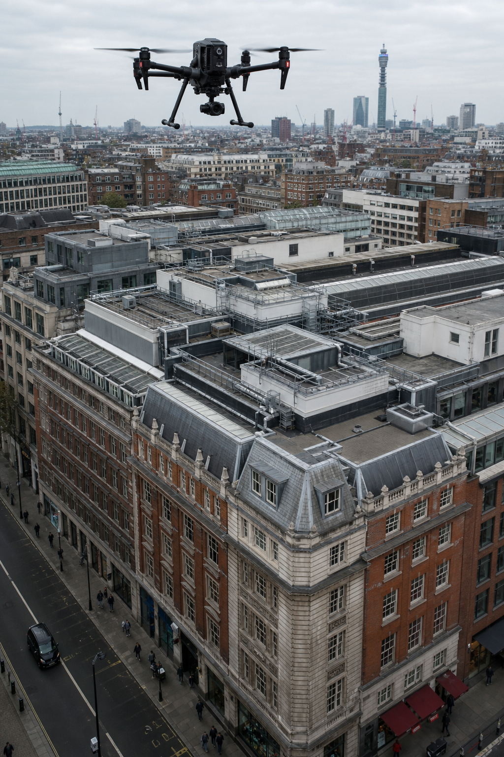 A drone flying over a large commercial building with a complex roofline in the UK, capturing thermal and visual data. Alt: drone survey cost factors commercial building inspection