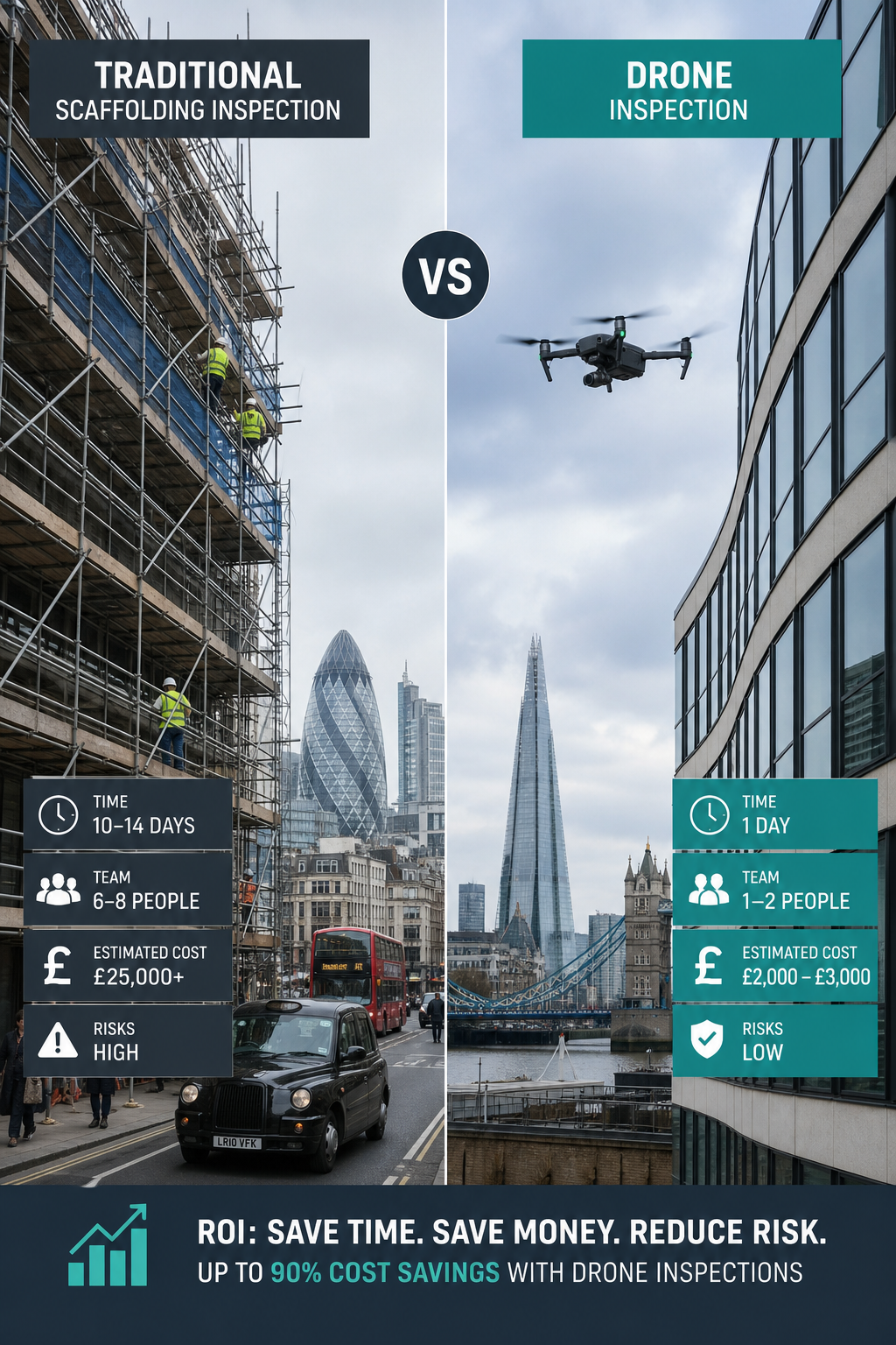 A split screen showing a traditional scaffolding inspection vs a drone inspection on a commercial building, with cost comparison annotations. Alt: ROI drone survey cost savings commercial property