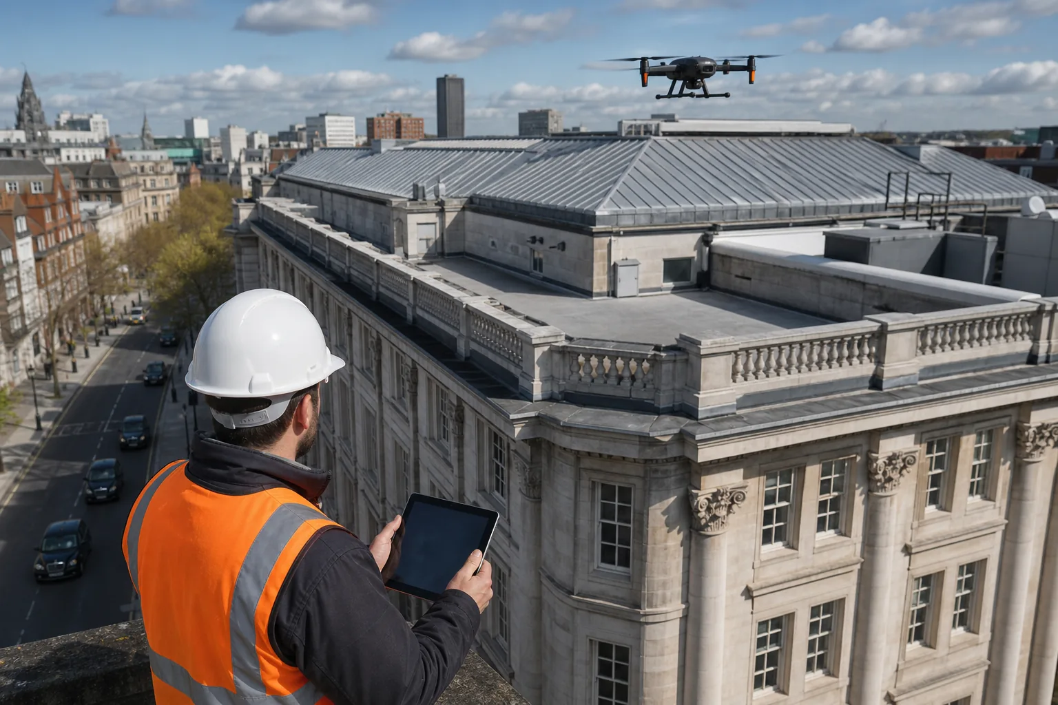 UK drone survey of a commercial building roof and façade