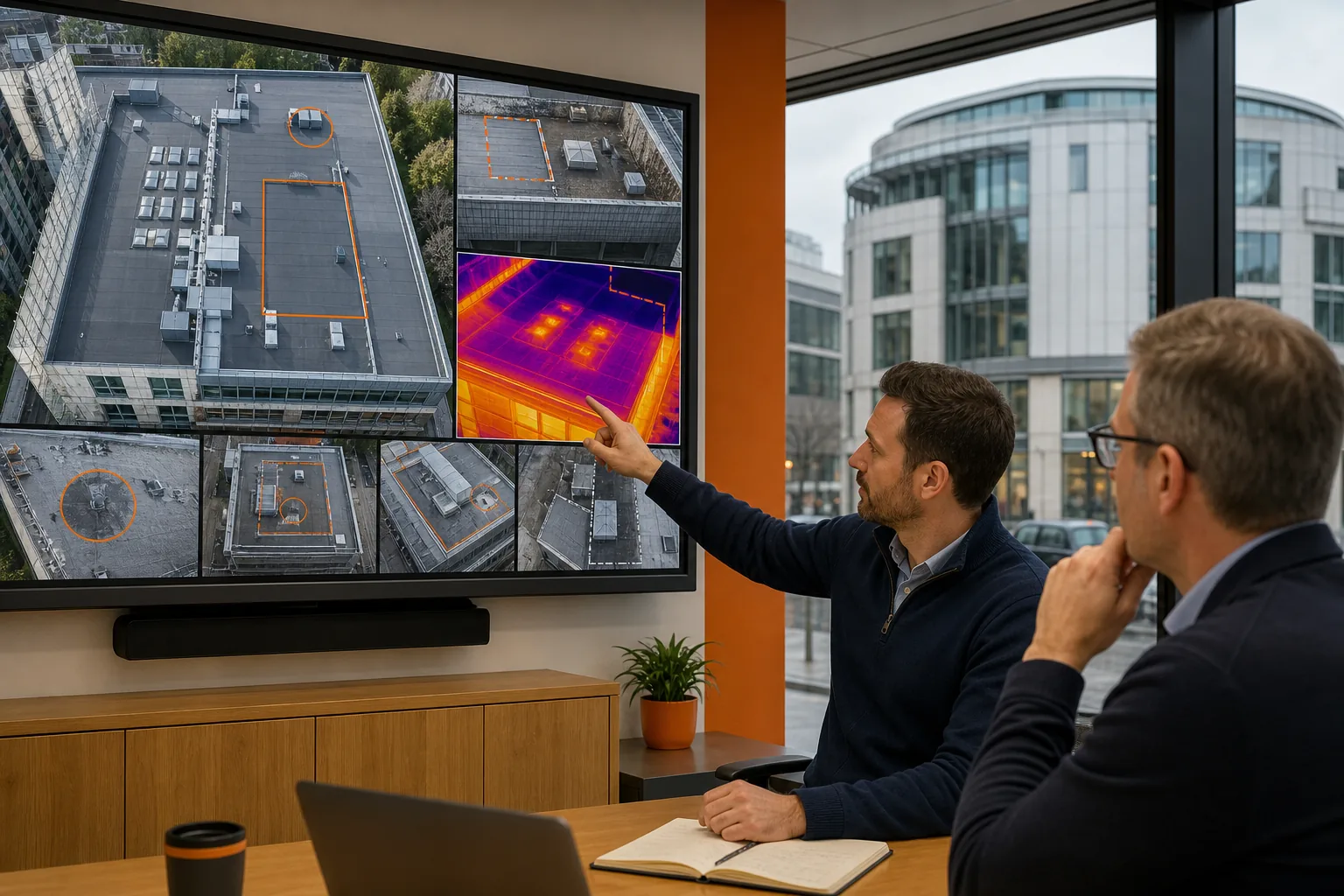 building surveyor reviewing a drone inspection report with thermal roof findings