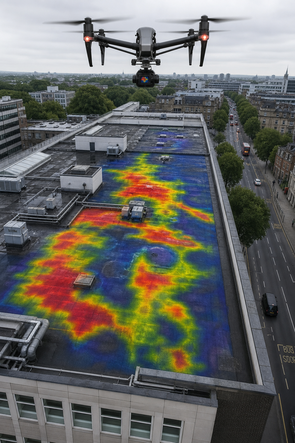A drone flying over a large commercial flat roof with a thermal camera attached, capturing a heat map overlay showing red and yellow areas indicating trapped water. Alt: Drone thermal imaging flat roof survey with heat map