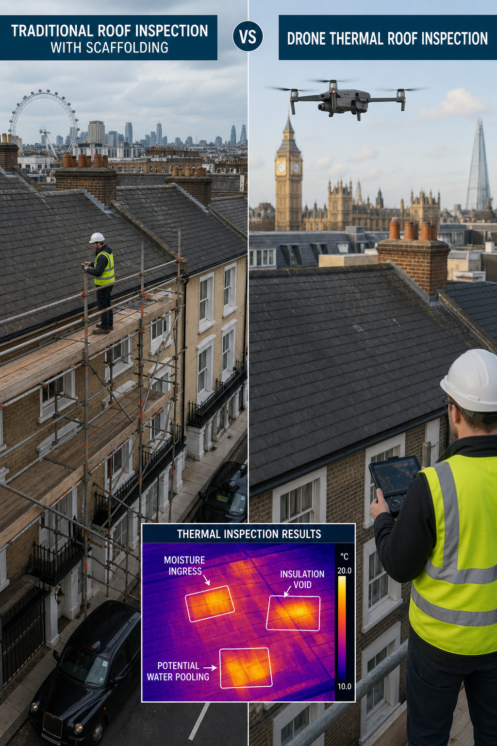 Side-by-side comparison of a traditional roof inspection with scaffolding and a drone flying over the same roof, with an inset thermal image showing defects. Alt: Comparison of traditional vs drone thermal roof inspection methods