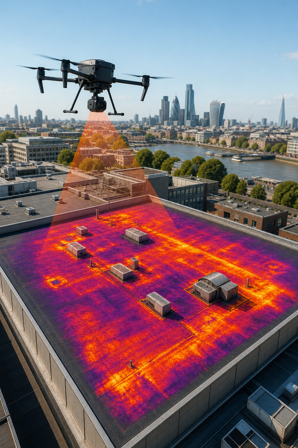 A high-resolution drone flying above a large commercial flat roof in the UK, capturing thermal imagery on a clear day. Alt: Drone thermography inspection of commercial flat roof in the UK.