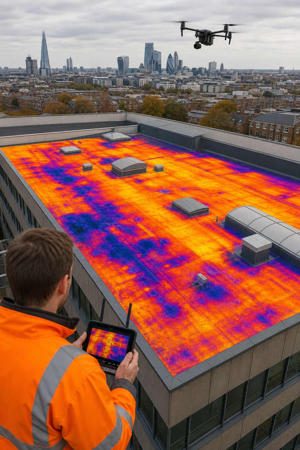 A thermal image overlay showing temperature variations on a commercial flat roof, indicating areas of moisture and potential defects. Alt: Thermal drone survey revealing flat roof defects and moisture ingress in a UK commercial building.