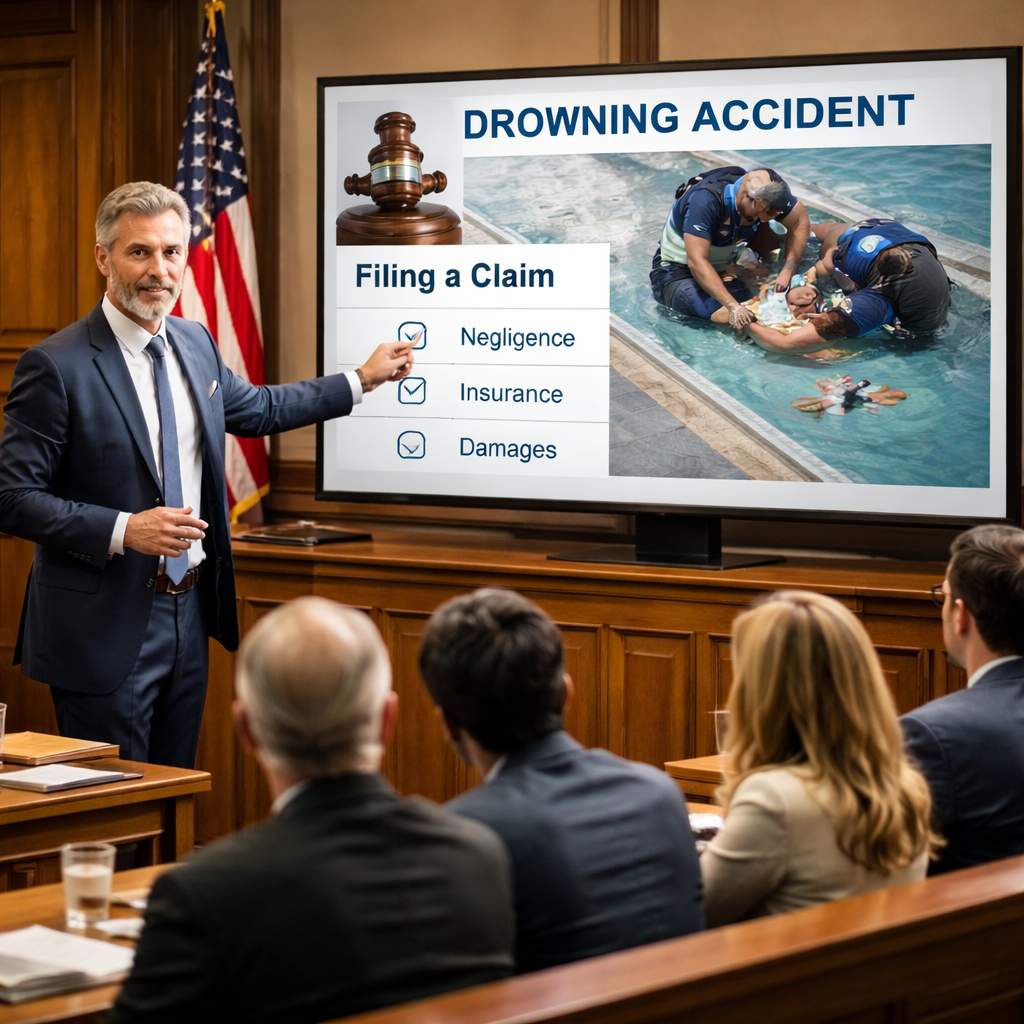A photorealistic courtroom scene with a drowning accident lawyer presenting evidence on a large screen, alt: filing a drowning claim and courtroom process