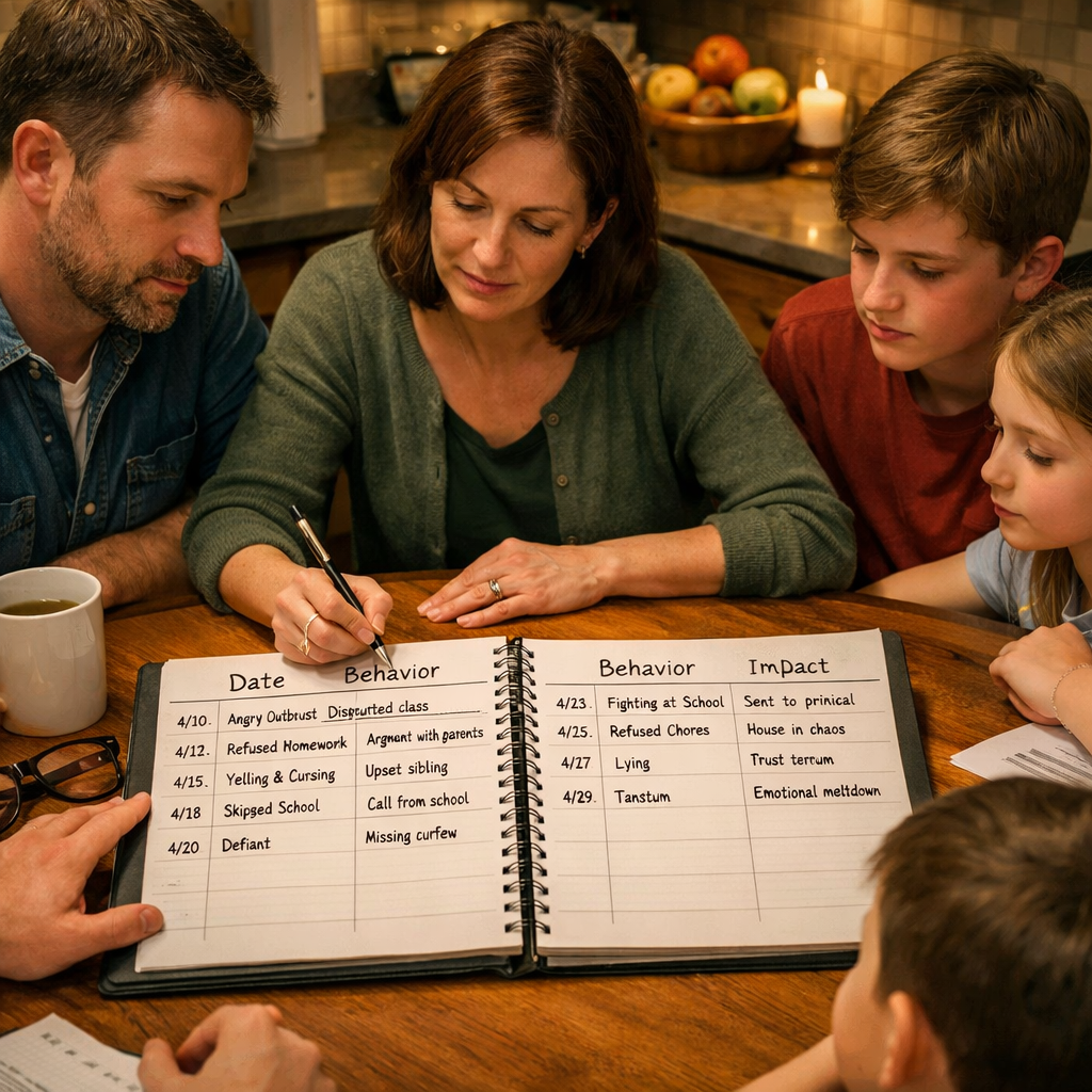 A realistic scene of a family gathered around a kitchen table, notebook open, showing a list of dates, behaviors, and impacts, warm lighting, realistic style. Alt: family creates a detailed behavior log for intervention planning