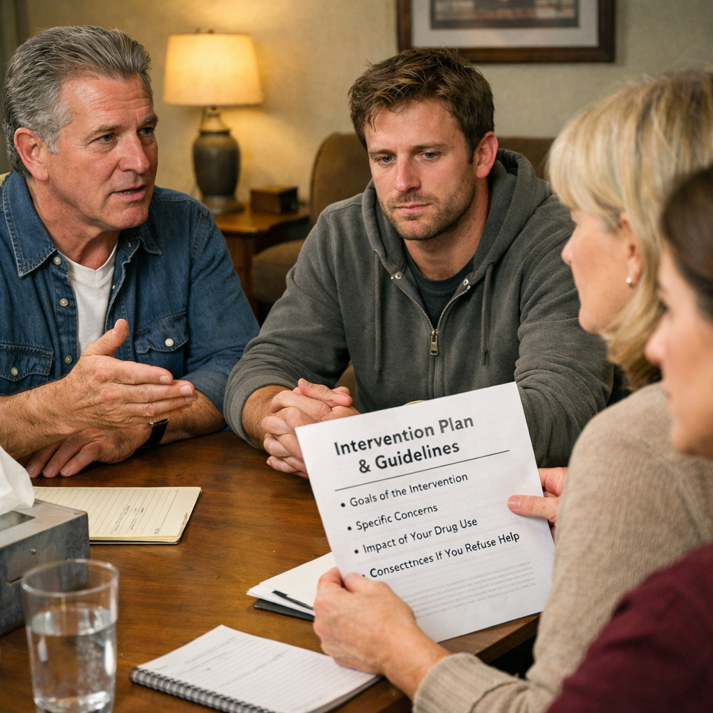 A realistic illustration of a small group sitting around a table, one person speaking, another holding a printed resource sheet, calm atmosphere, realistic style. Alt: family conducts a structured drug intervention meeting with prepared notes