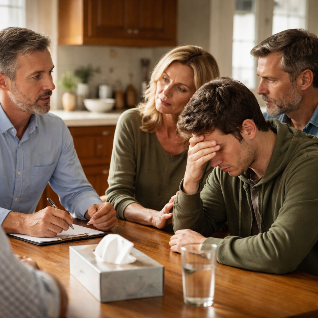 A photorealistic scene of a compassionate drug interventionist sitting at a kitchen table with a worried family, soft natural lighting, realistic expressions, showing a calm, supportive environment. Alt: drug interventionist near me helping a family in crisis