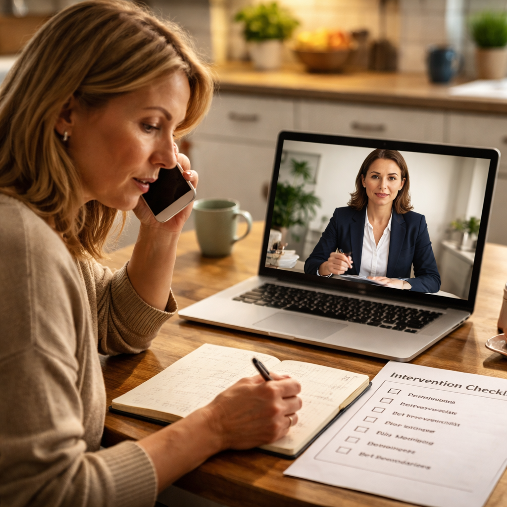 A photorealistic scene of a concerned parent sitting at a kitchen table, notebook open, dialing a phone while a calm, professional interventionist in a blazer appears on a laptop video call, both focused on a checklist. Alt: drug interventionist near me checklist conversation.