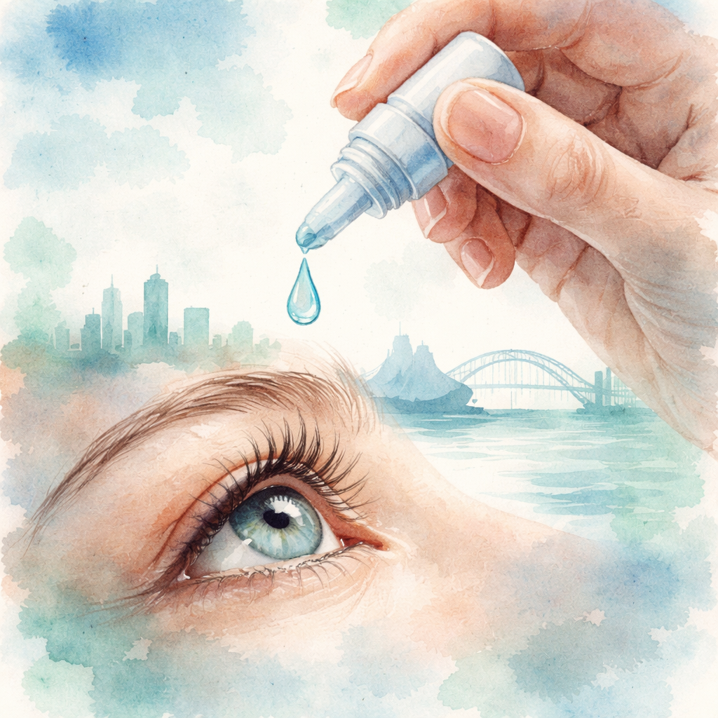 Watercolor painting of a hand holding a tiny dropper above an eye, with soft blue‑green tones and a subtle Sydney skyline in the background. Alt: lubricating eye drops for dry eye after cataract surgery treatment