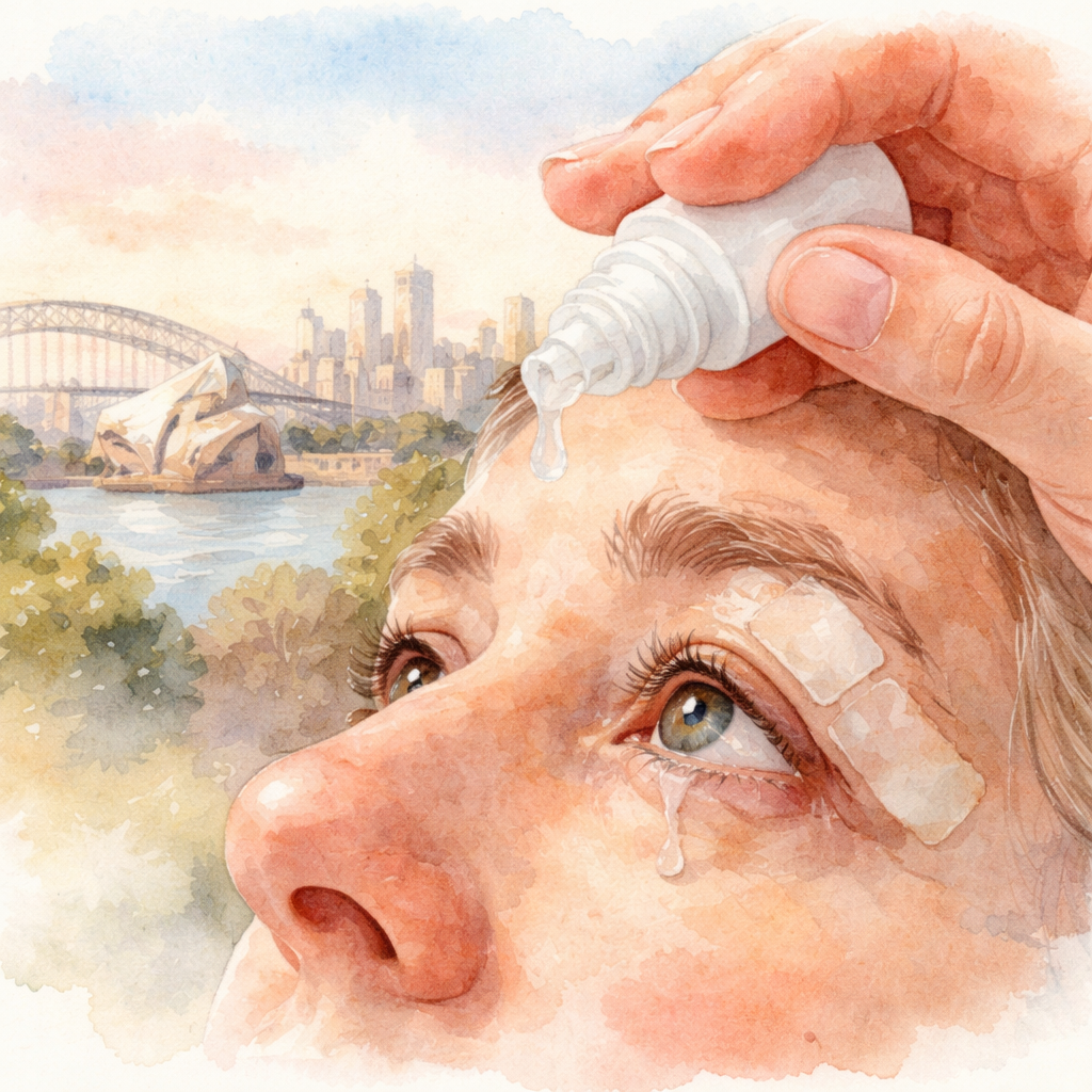 A watercolor painting of a person gently applying preservative‑free artificial tears after cataract surgery, showing a close‑up of an eye with a drop bottle, soft pastel tones, Sydney skyline in background. Alt: Preservative‑free artificial tears for dry eye treatment after cataract surgery