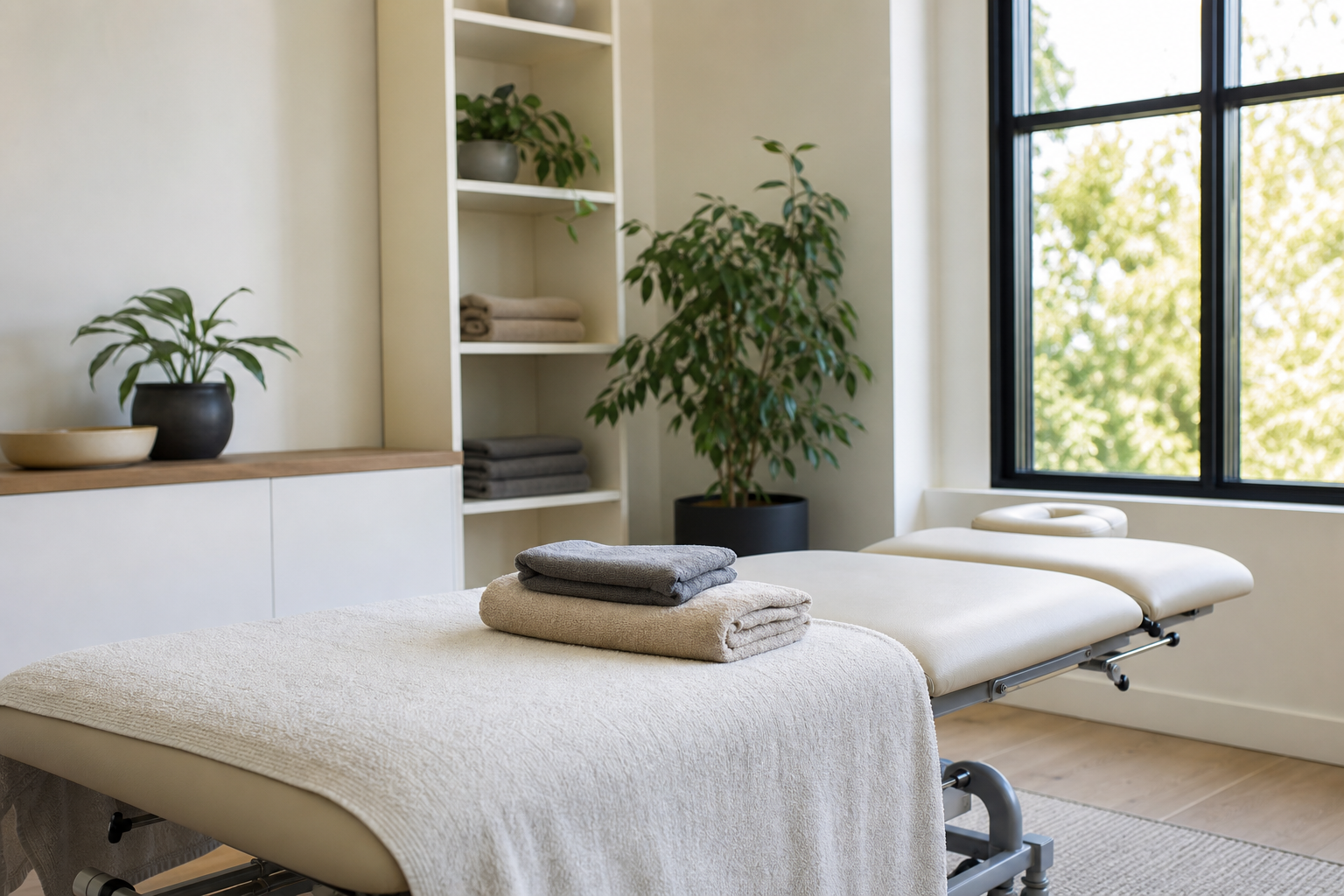Bright osteopathy treatment room with a treatment table