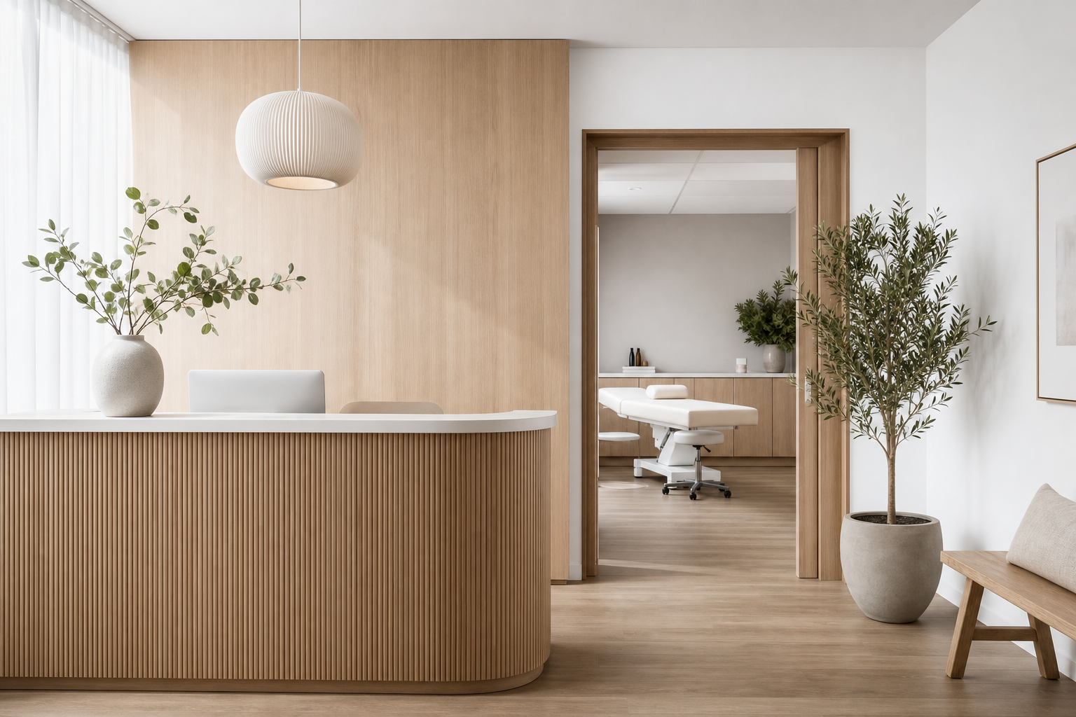 Calm clinic reception leading into a treatment room