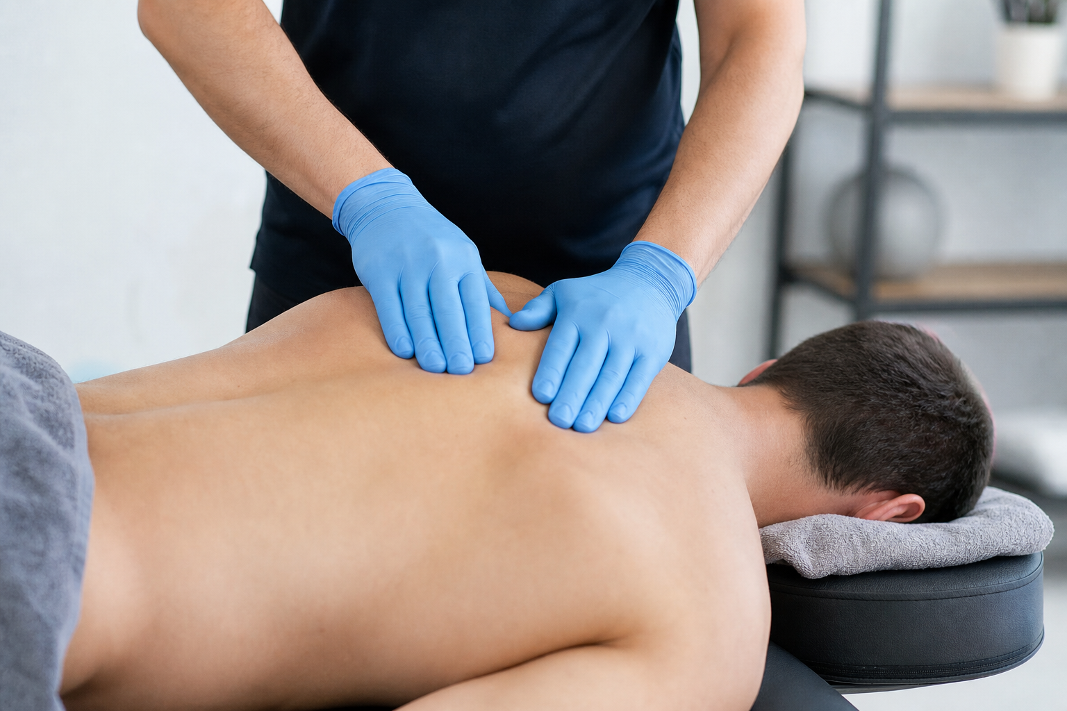 Therapist working on a patient's upper back in a clinic