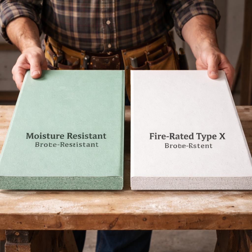 A photorealistic close‑up of a construction worker holding a green moisture‑resistant drywall panel next to a white fire‑rated Type X panel on a wooden workbench, soft natural lighting, realistic texture details, showcasing the two board types side by side. Alt: Comparison of moisture‑resistant and fire‑rated drywall panels.