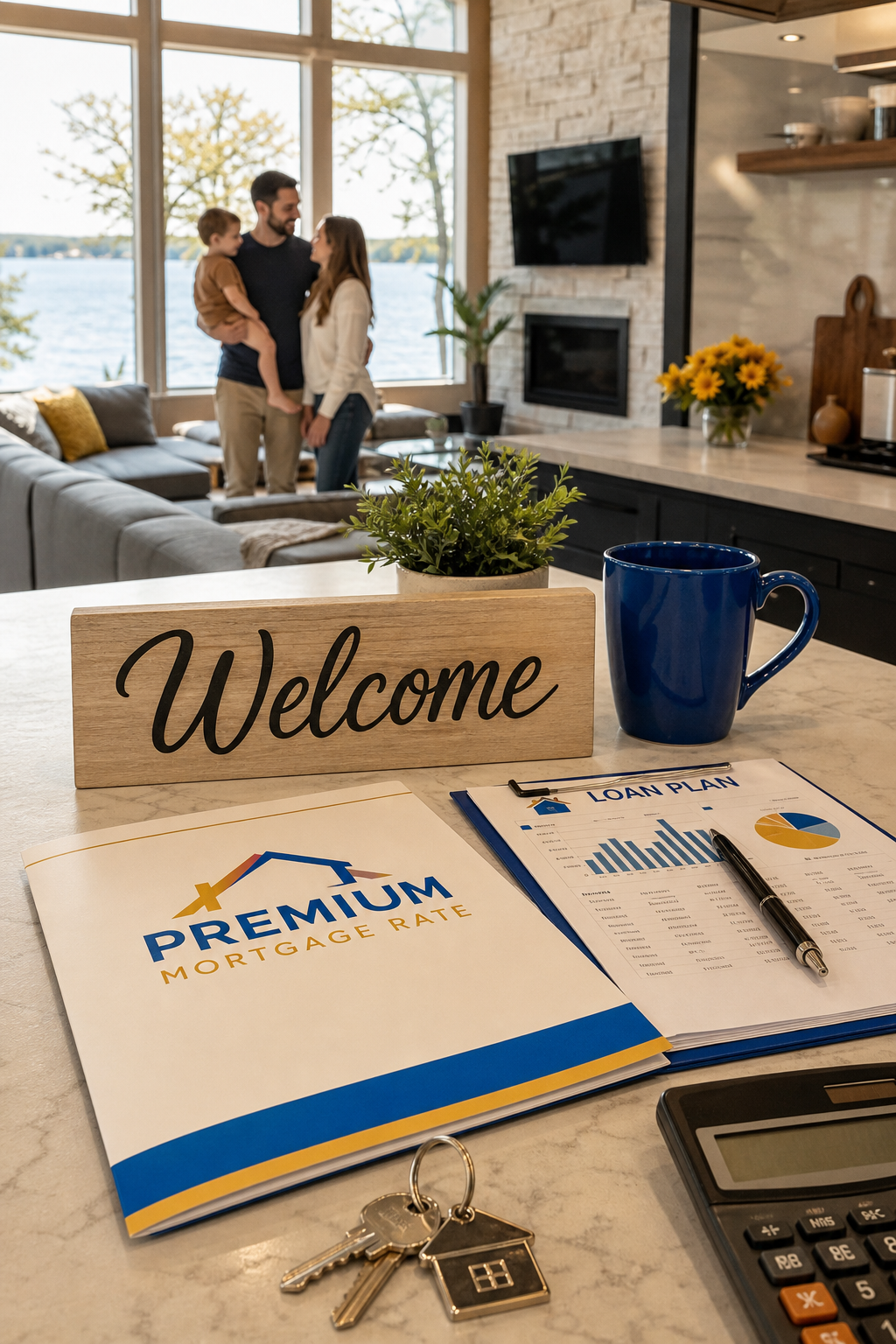 A cozy vacation rental interior with modern furniture, a view of a lake through the window, and a 'Welcome' sign on the counter. Alt: Short-term rental DSCR loan Florida