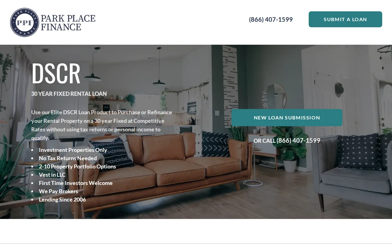Screenshot of the Park Place Finance: short-term-to-DSCR refinancing website
